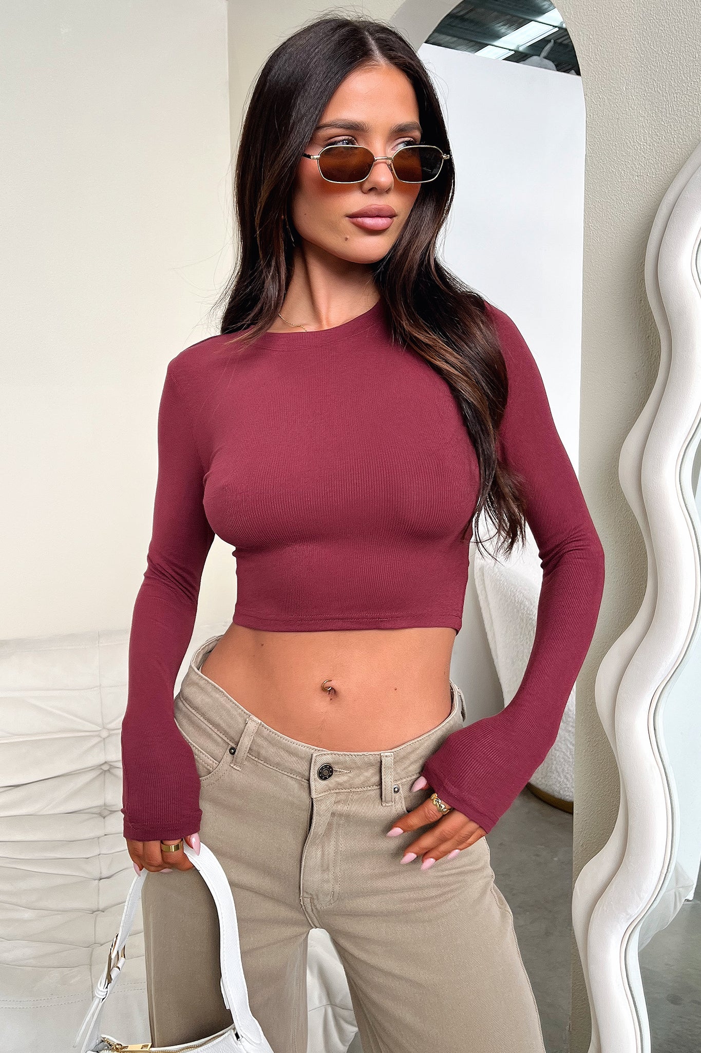 Jaylee Long Sleeve Baby Tee - Wine - GUERYA