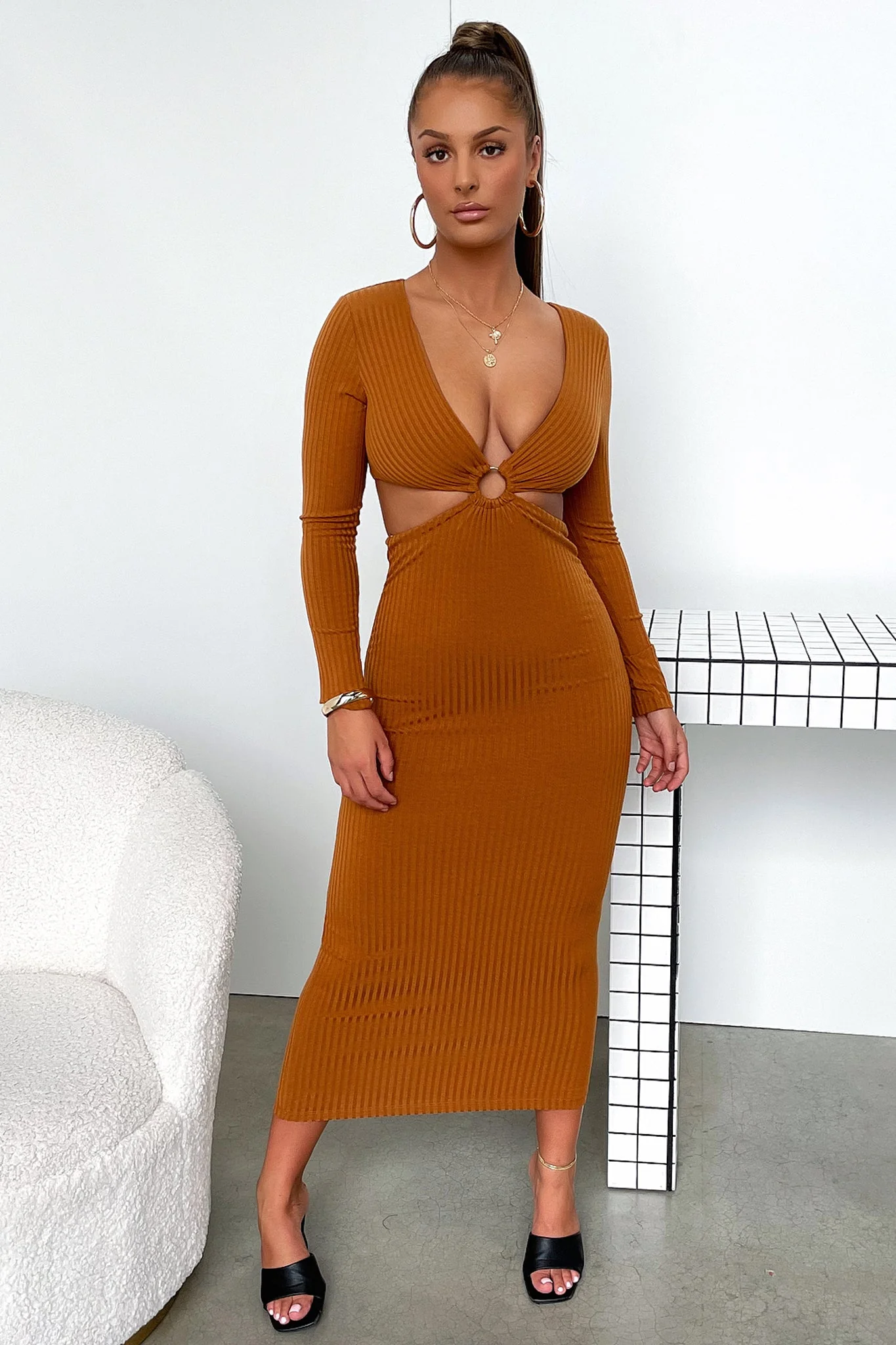 Laska Midi Dress - Rust Brown - GUERYA