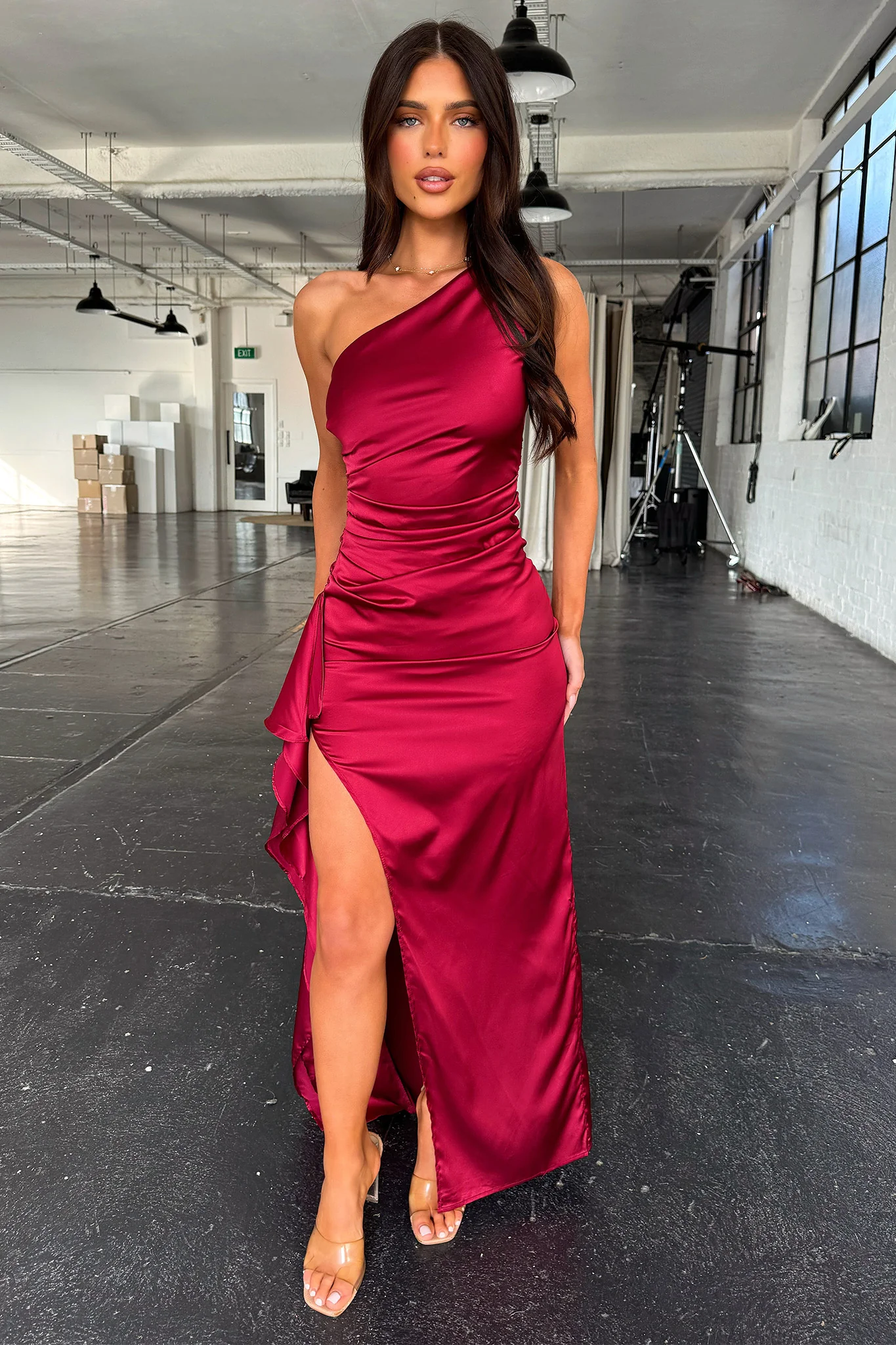 Elianna One Shoulder Satin Maxi Dress - Burgundy - GUERYA