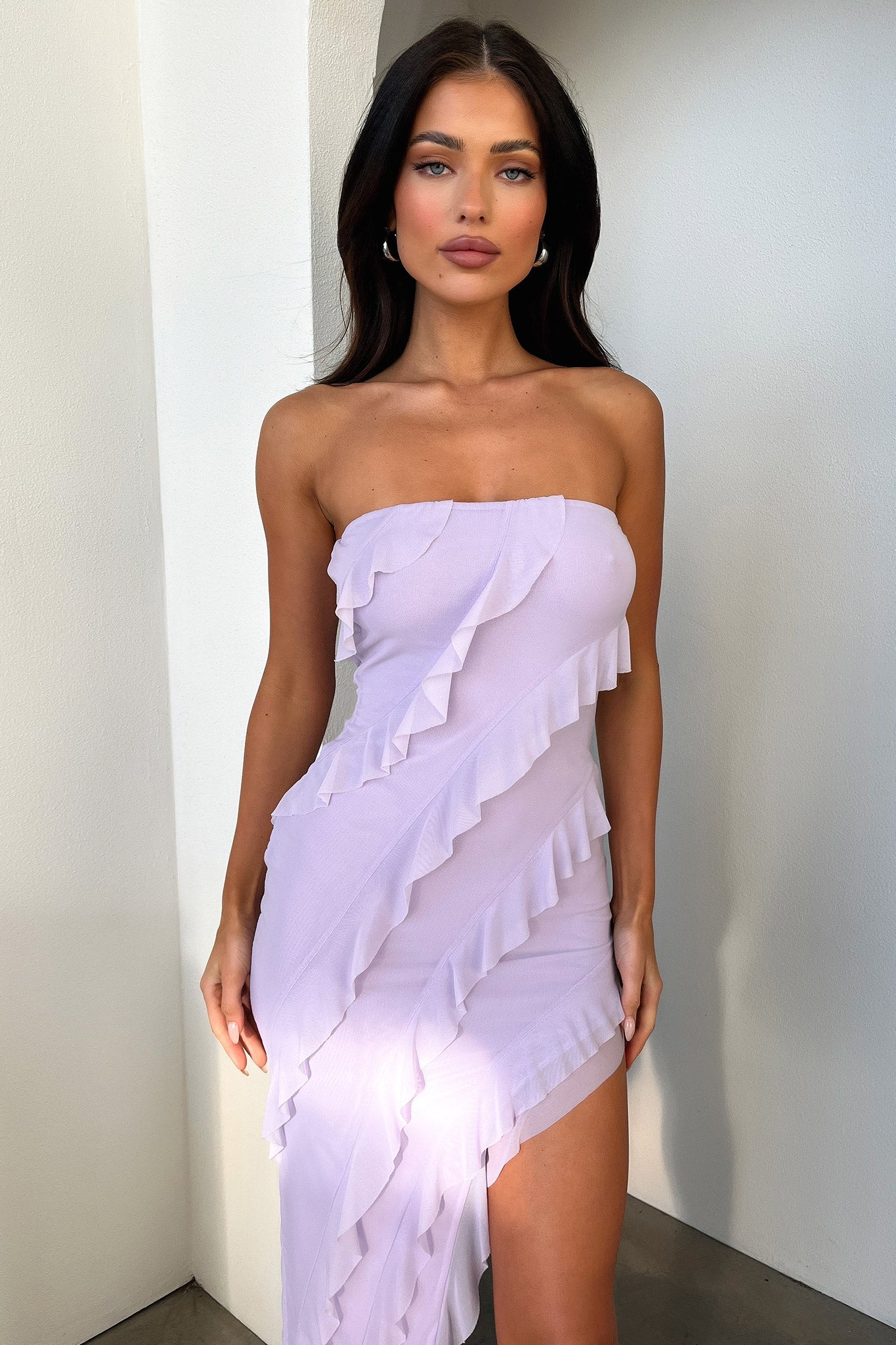 Jadore Strapless Ruffle Midi Dress - Lilac - GUERYA
