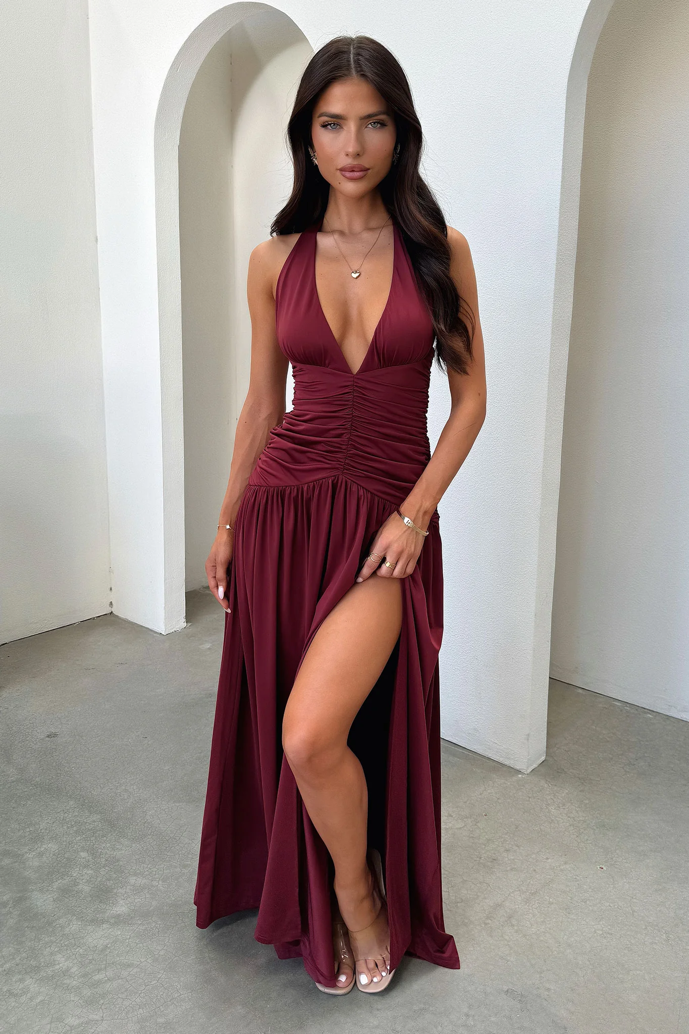 Ginevra Ruched Halter Maxi Dress - Burgundy - GUERYA