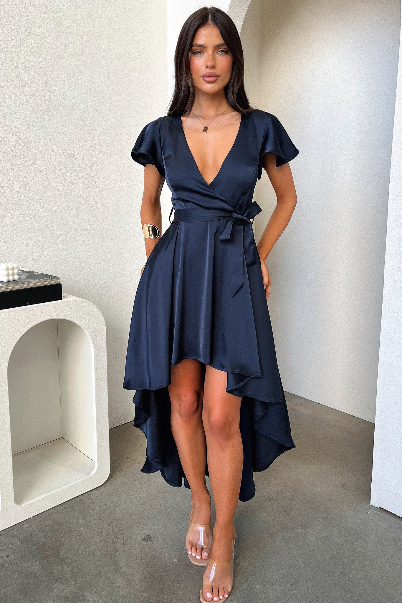 Amelia Satin Midi Dress - Navy - GUERYA