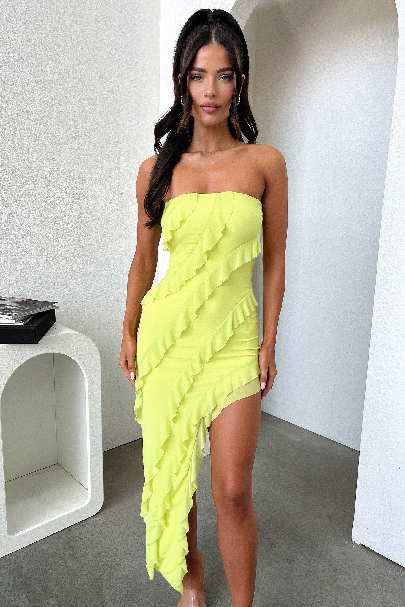 Jadore Strapless Ruffle Midi Dress - Lime - GUERYA