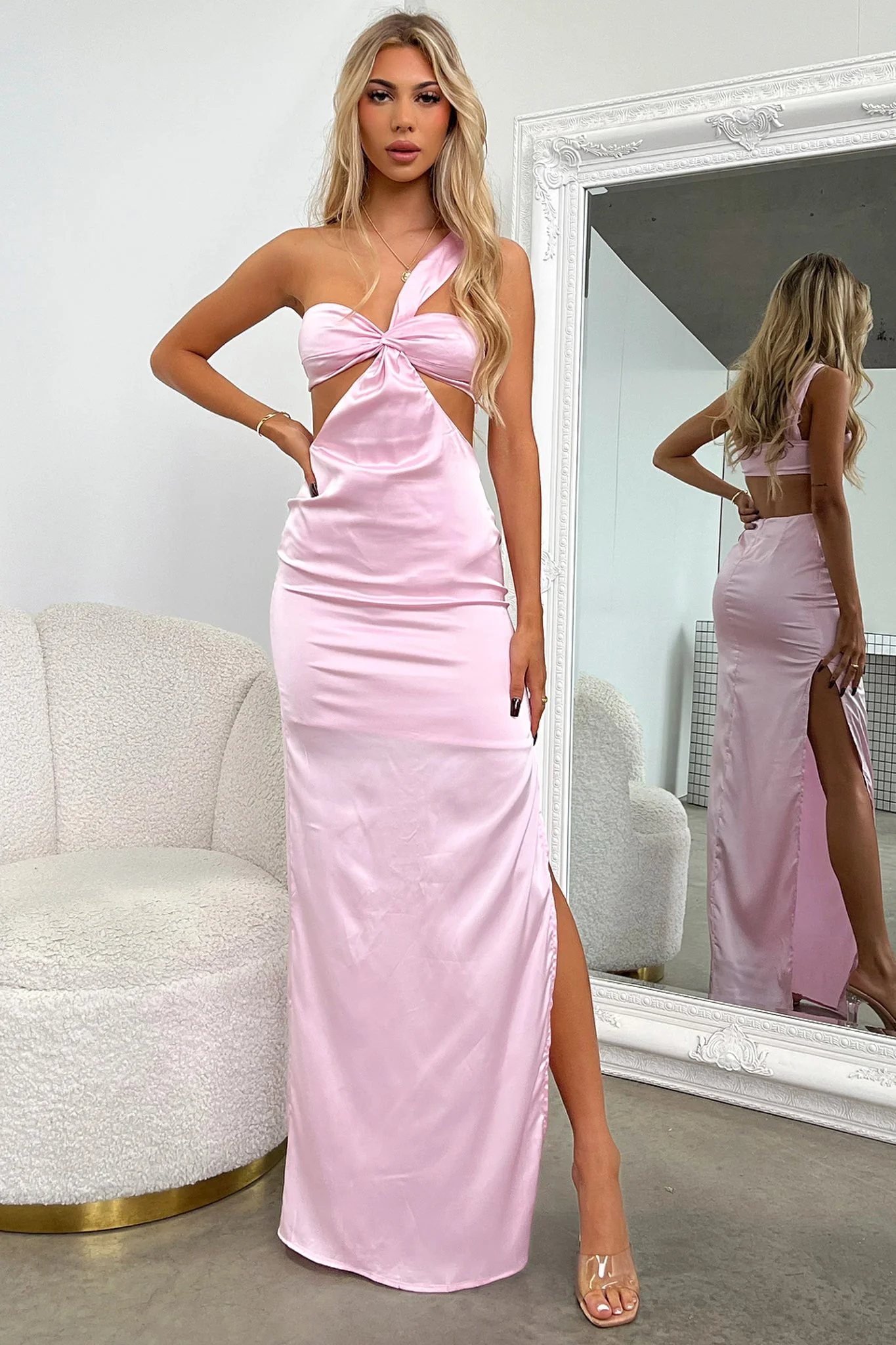 Alexia One Shoulder Satin Maxi Dress - Pink - GUERYA