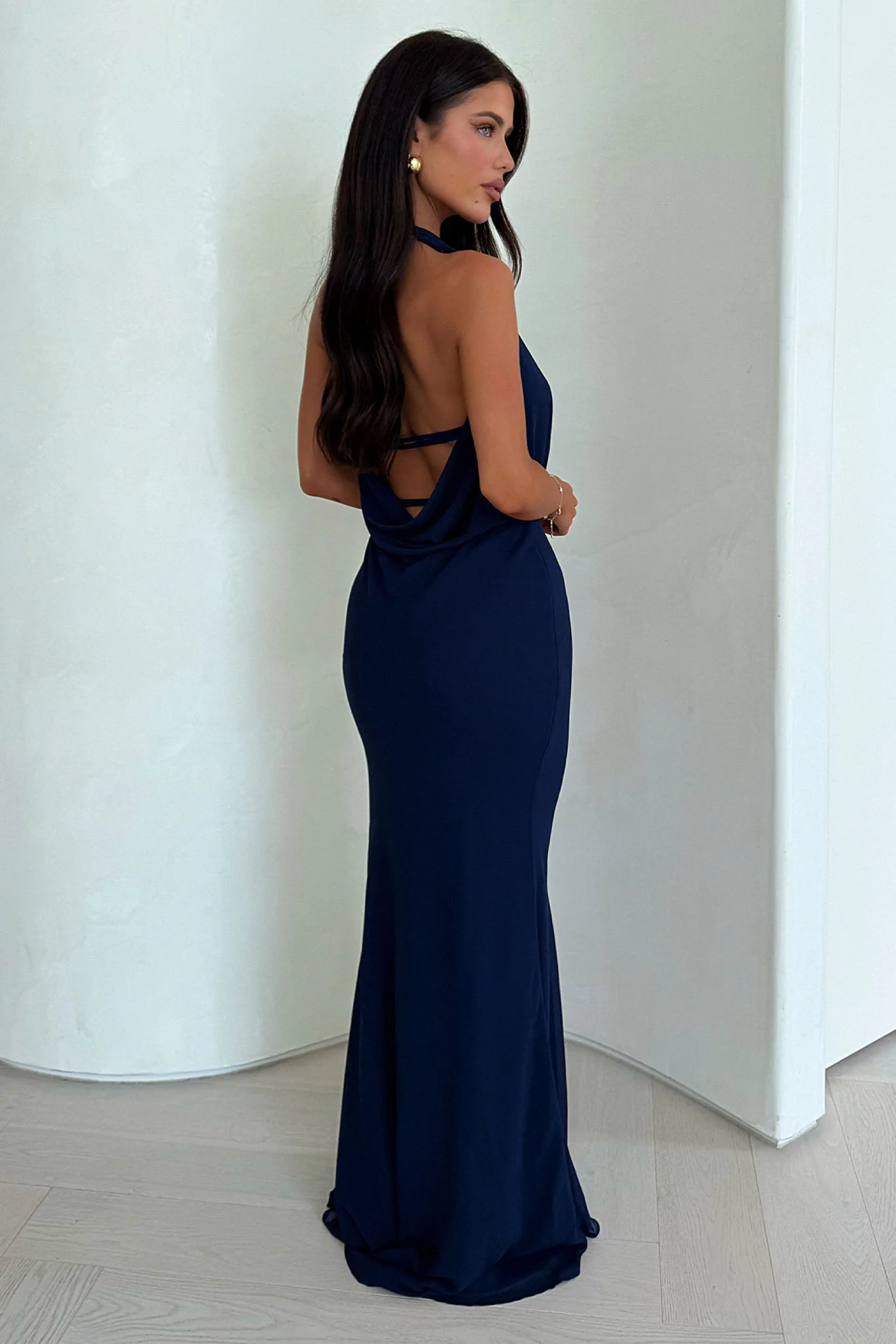 Amedeo Plunge Halter Neck Maxi Dress - Navy - GUERYA