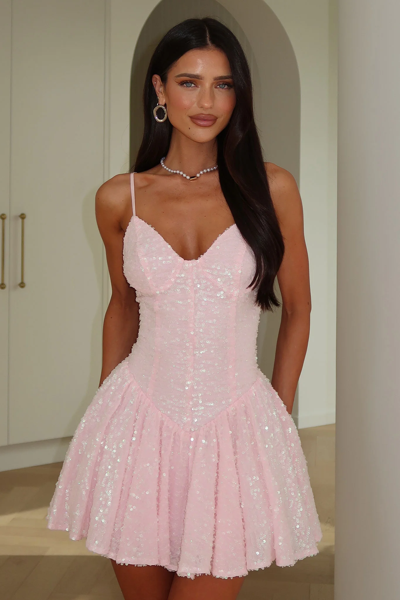 Mercedes Sequin Mini Dress - Baby Pink - GUERYA