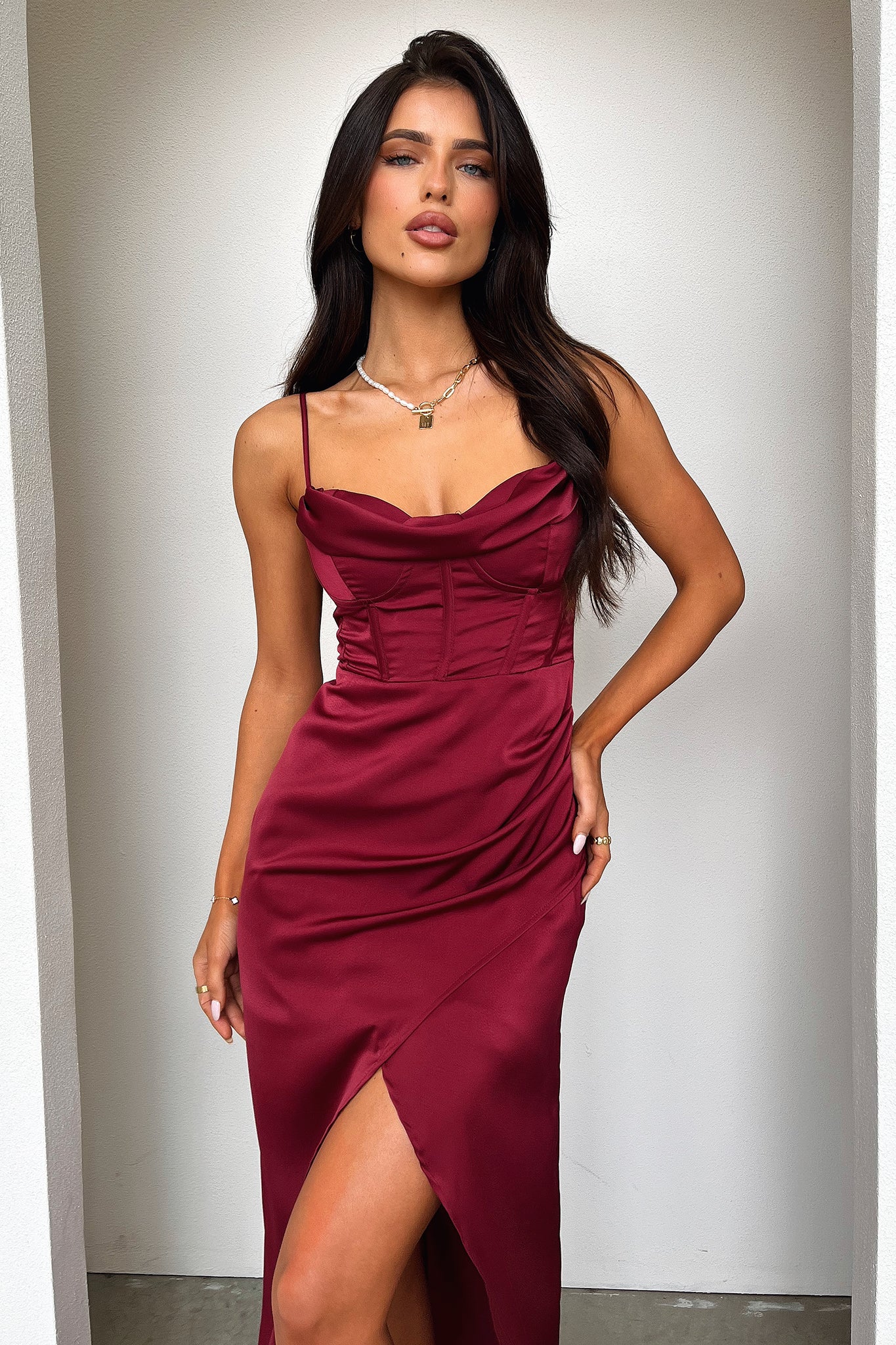 Aiana Satin Maxi Dress - Burgundy - GUERYA