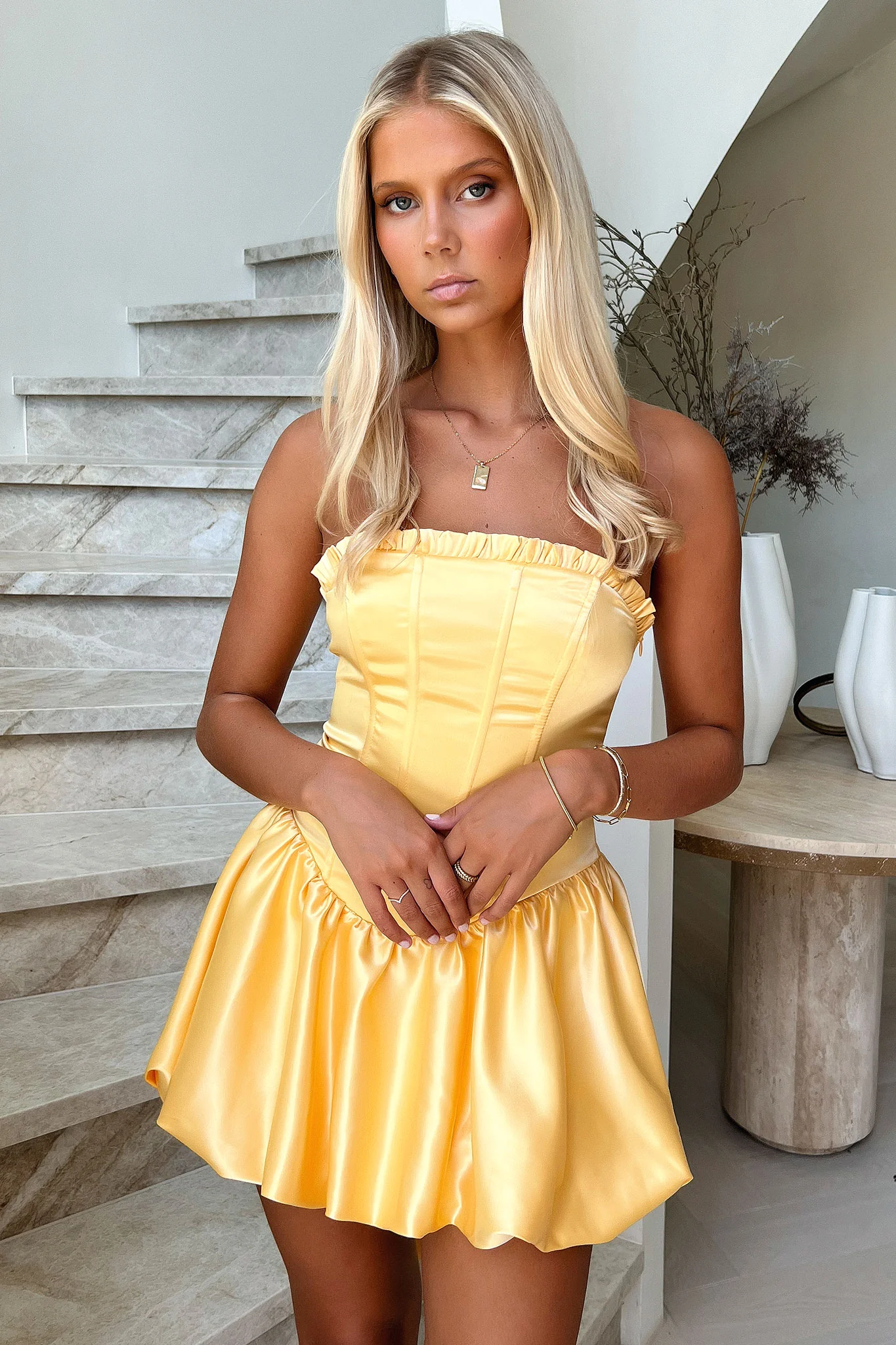 Beauty Strapless Satin Dress - Yellow - GUERYA