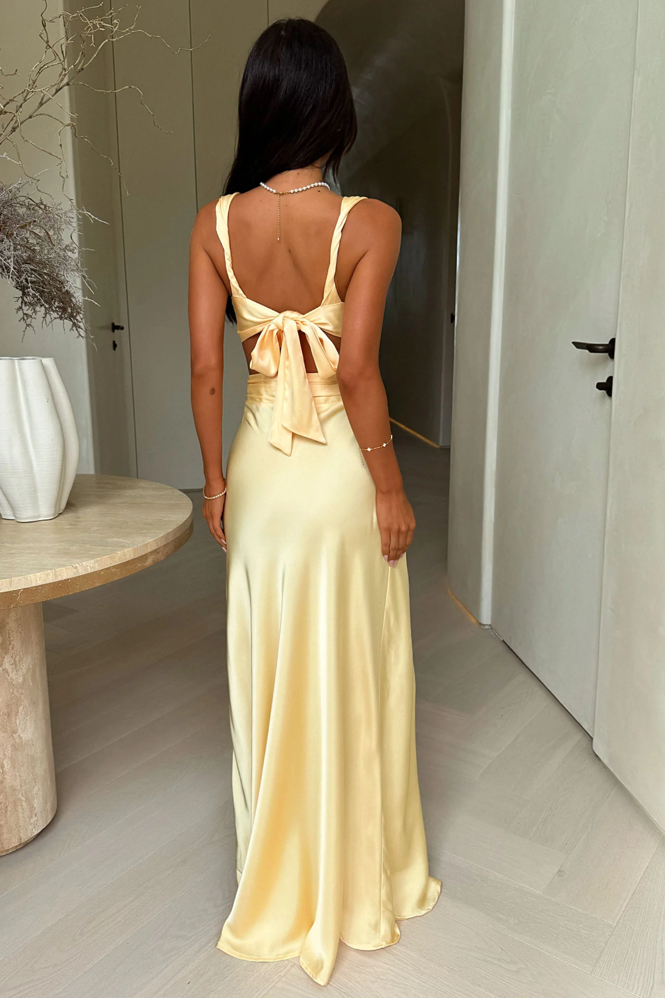Emeline V-Neck Satin Maxi Dress - Yellow - GUERYA