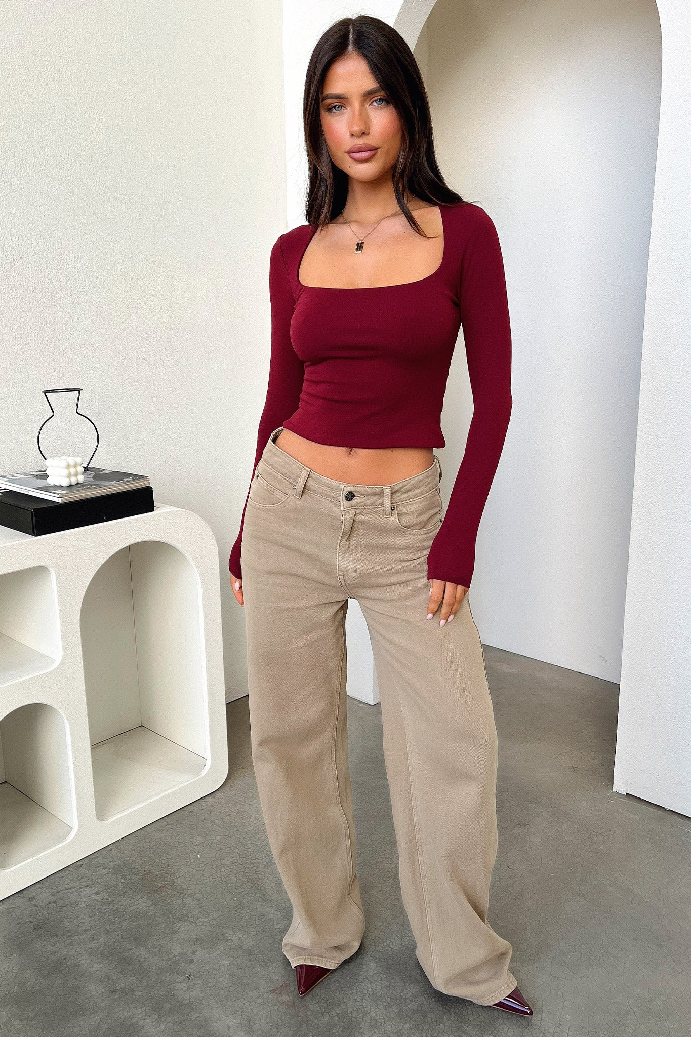Andre Long Sleeve Top - Burgundy - GUERYA