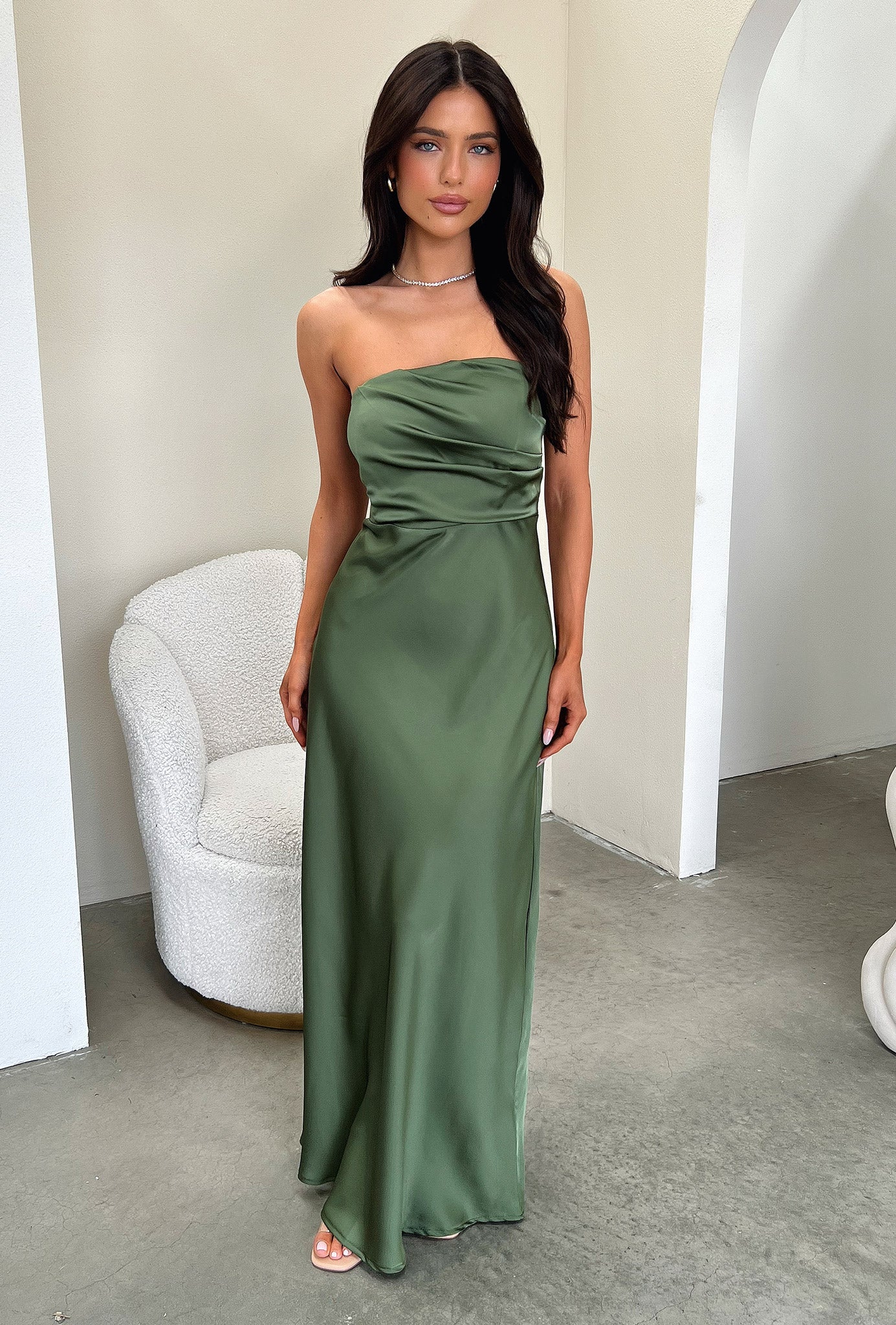 Elio Strapless Satin Maxi Dress - Olive - GUERYA