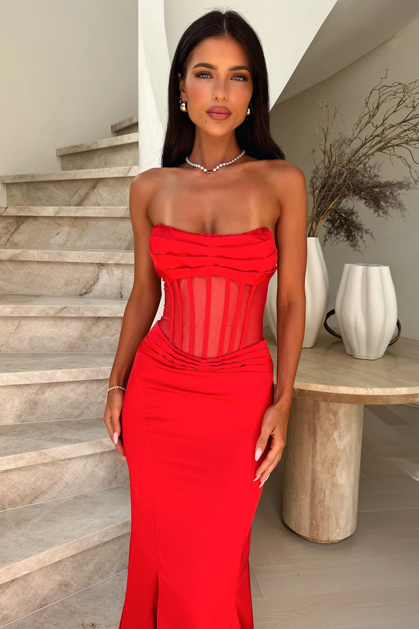 Aderyn Satin Corset Maxi Dress - Red - GUERYA