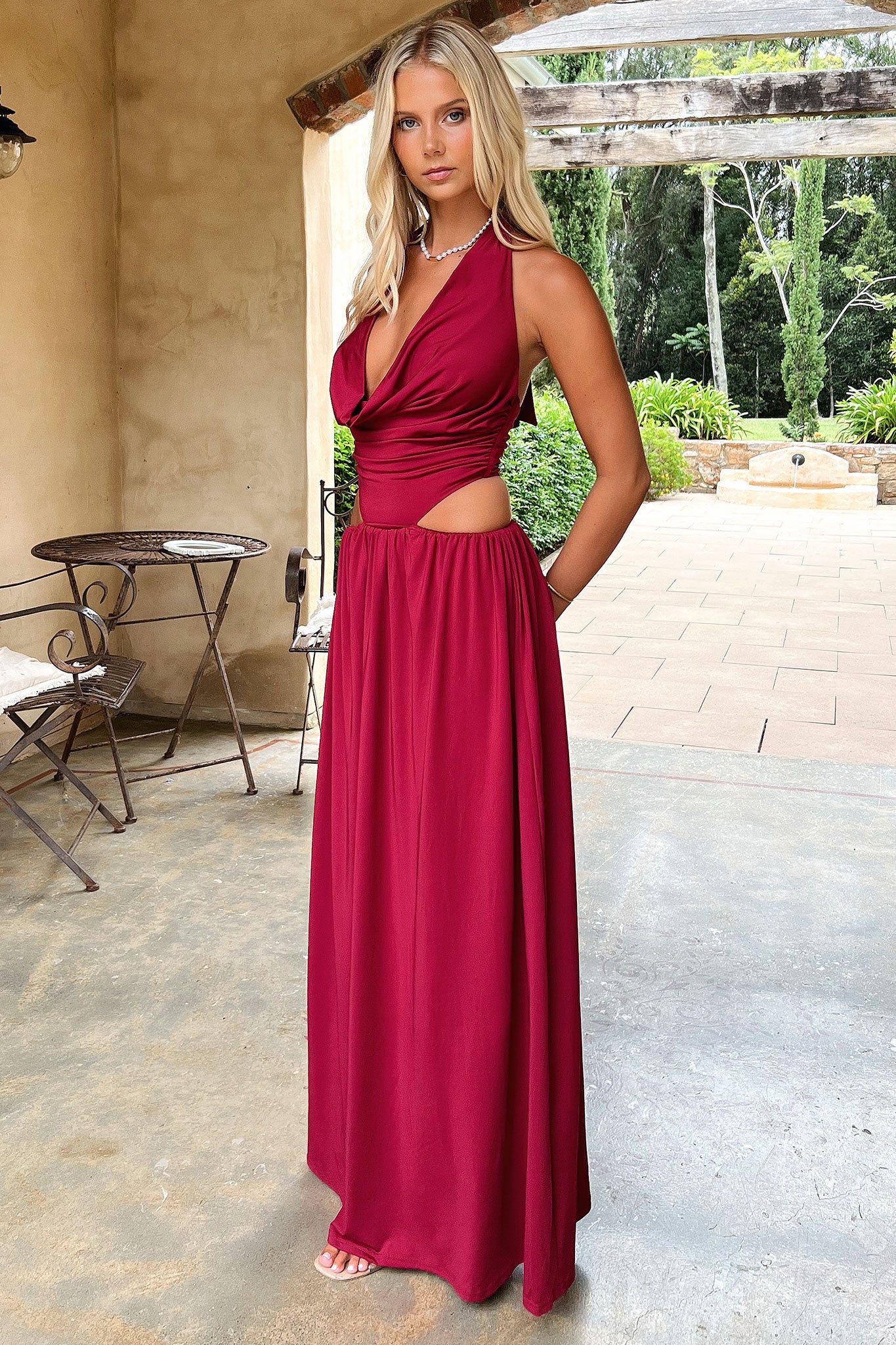 Soraya Plunge Halter Neck Maxi Dress - Burgundy - GUERYA