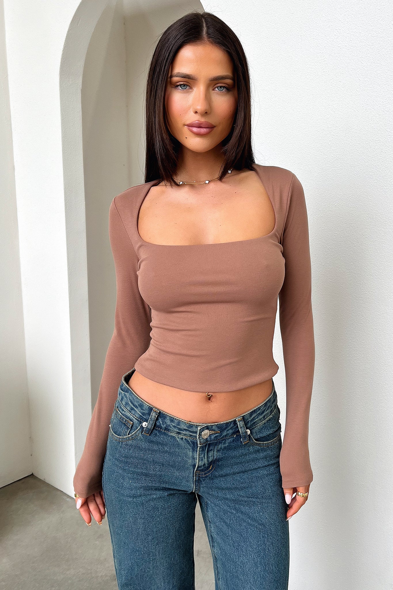 Andre Long Sleeve Top - Brown - GUERYA