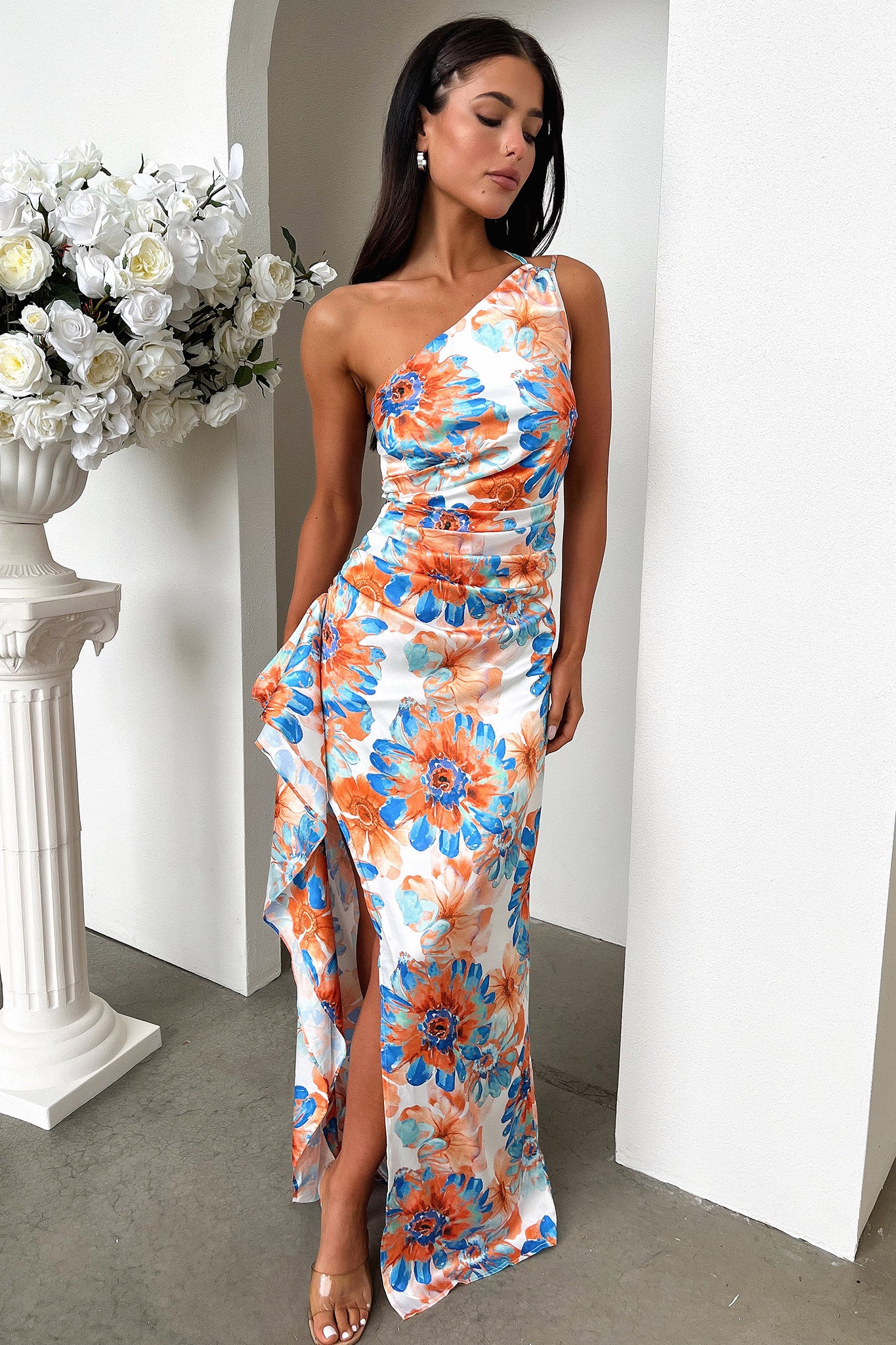 Elianna One Shoulder Satin Maxi Dress - Blue Floral - GUERYA
