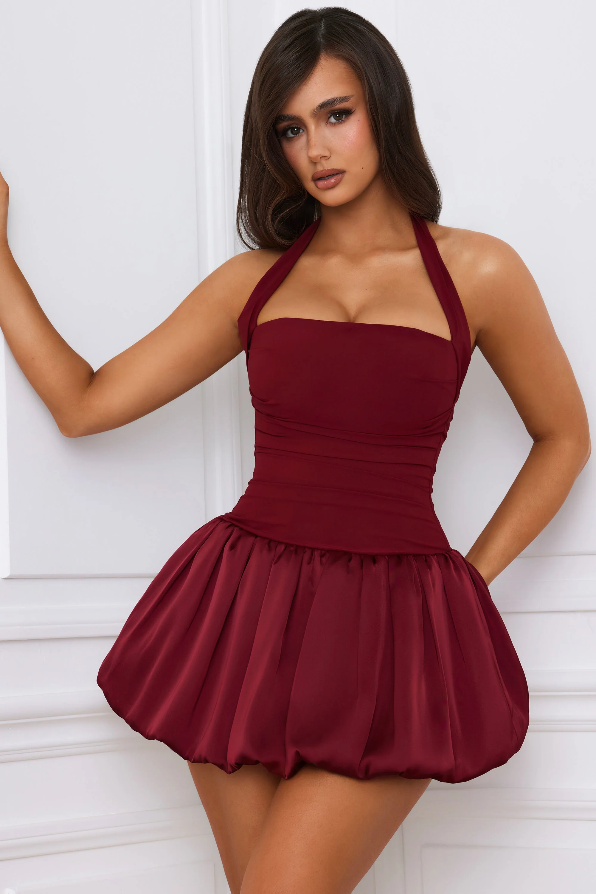 Halterneck Lace-Up Bubble Hem Corset Micro Mini Dress in Berry Red - GUERYA