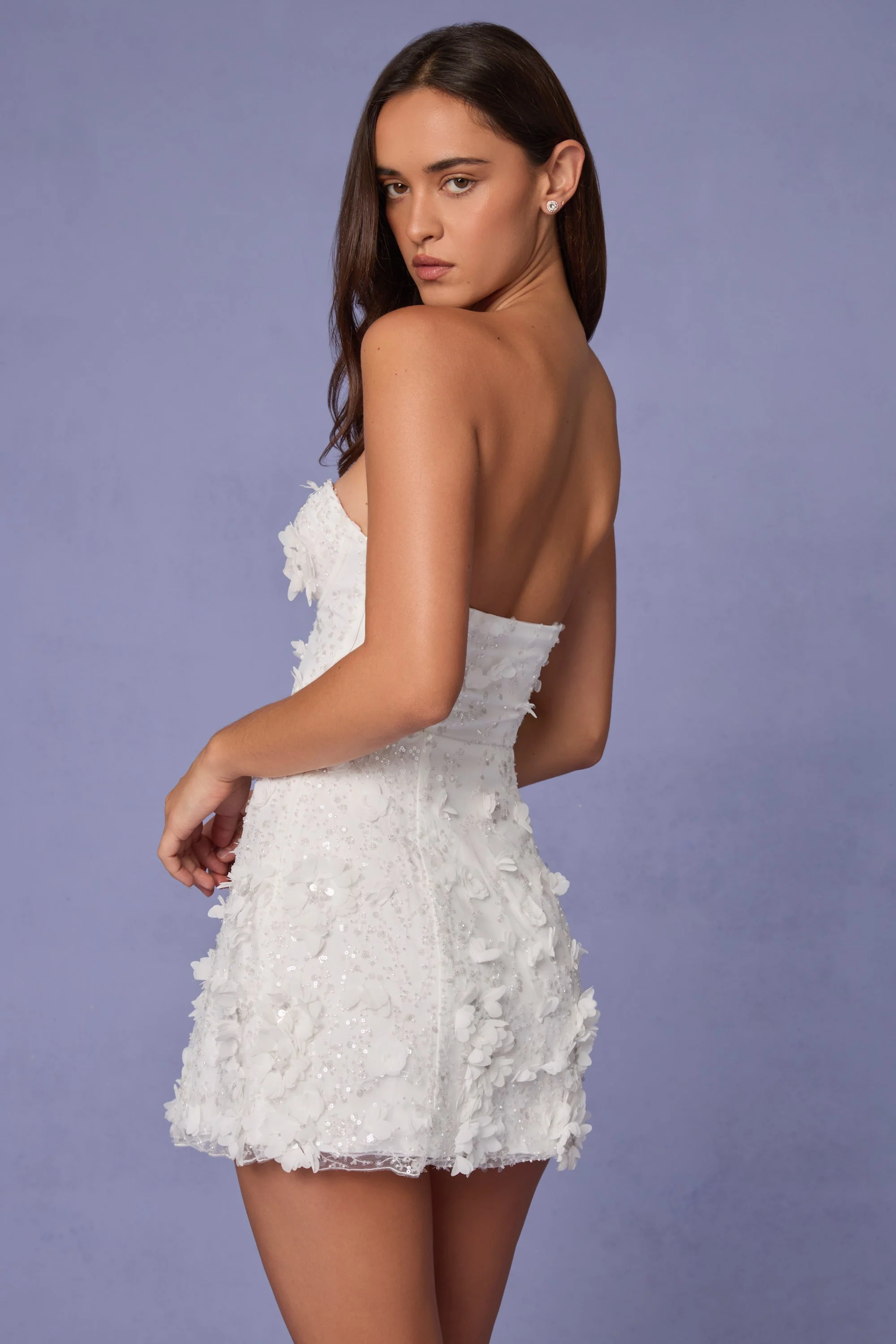 Embellished Bandeau A-line Mini Dress in White - GUERYA