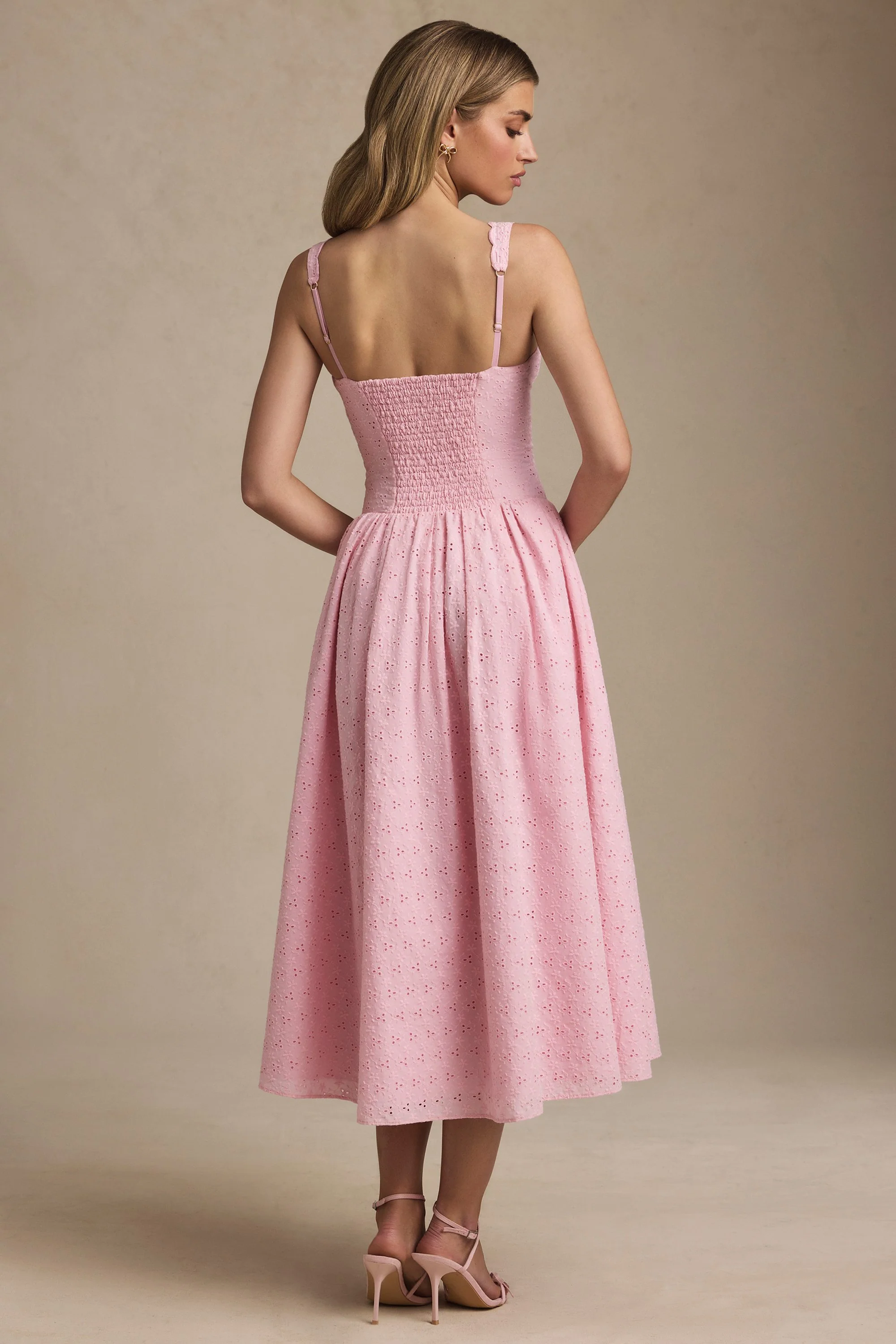 Broderie Anglaise Bow-Detail A-Line Midaxi Dress in Soft Pink - GUERYA