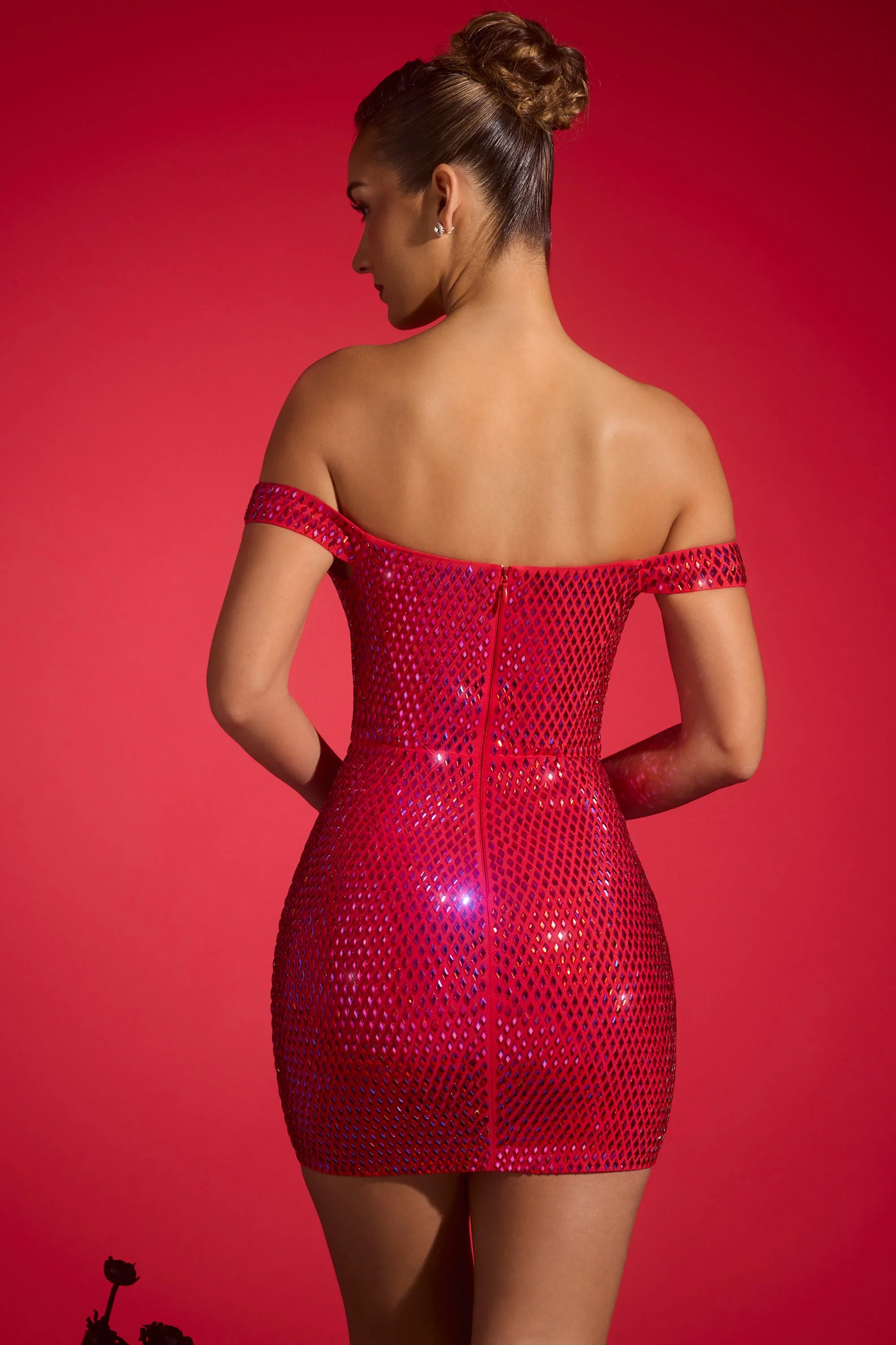 Embellished Off-Shoulder Mini Dress in Crimson Red - GUERYA