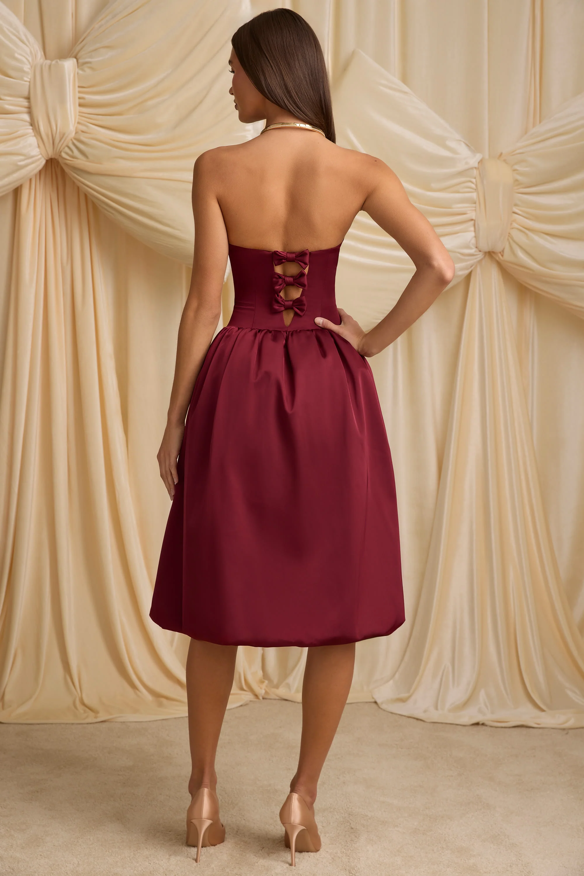 Convertible Bow-Detail Bubble Hem Midaxi Dress in Wine Red - GUERYA