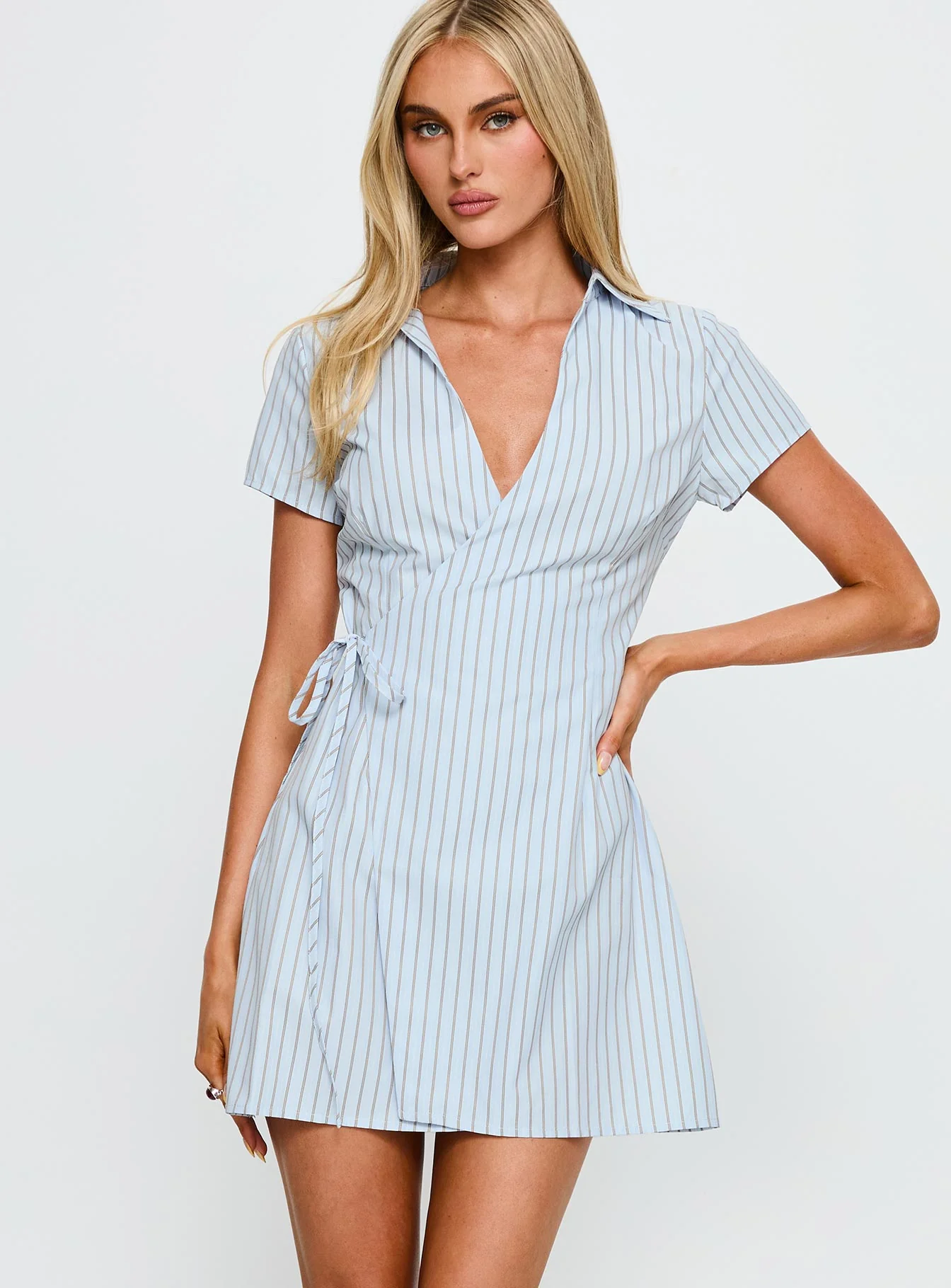 Amarita Wrap Collared Mini Dress Blue Stripe - GUERYA