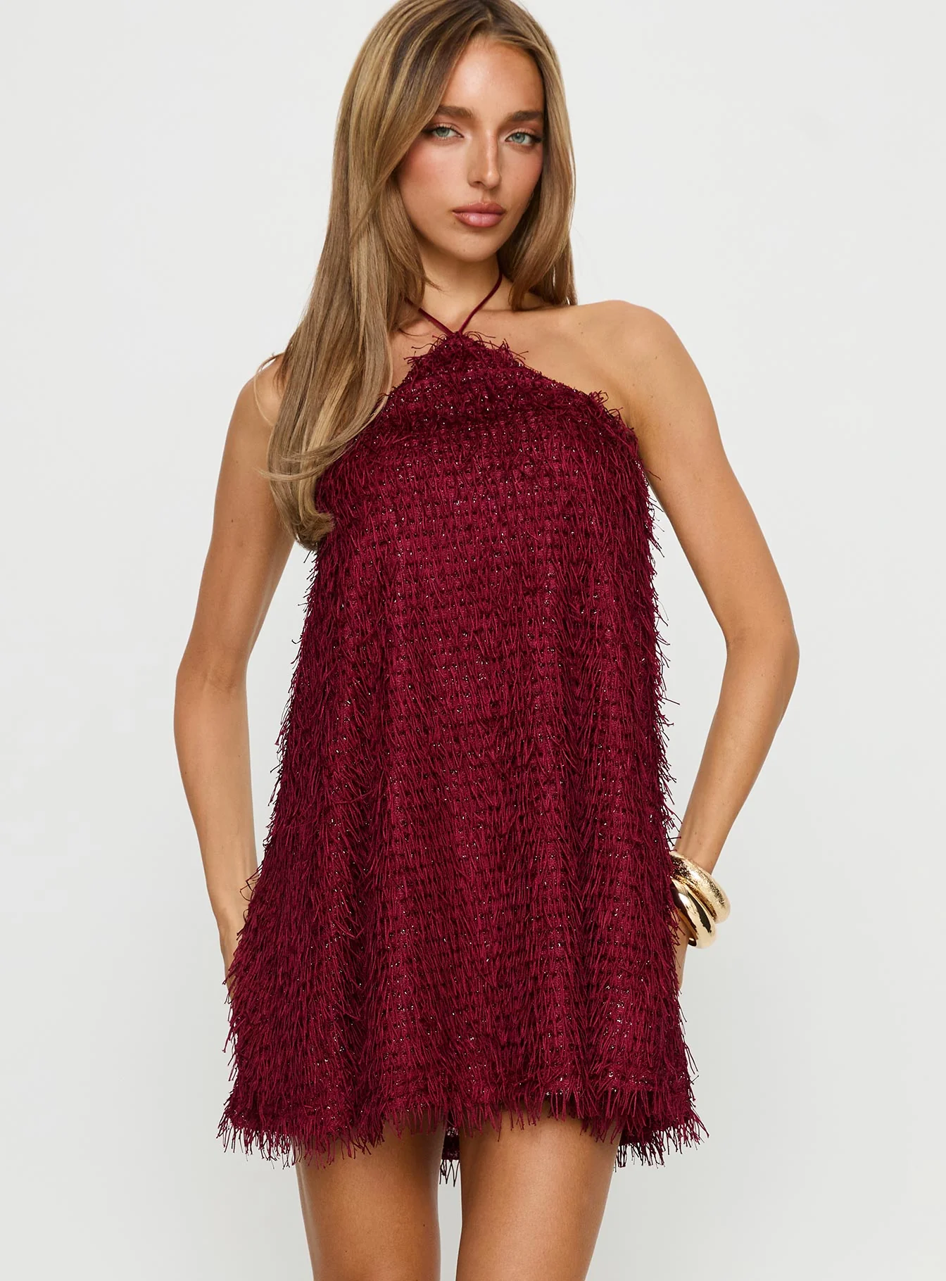 Koressa Halter Fringe Mini Dress Burgundy - GUERYA