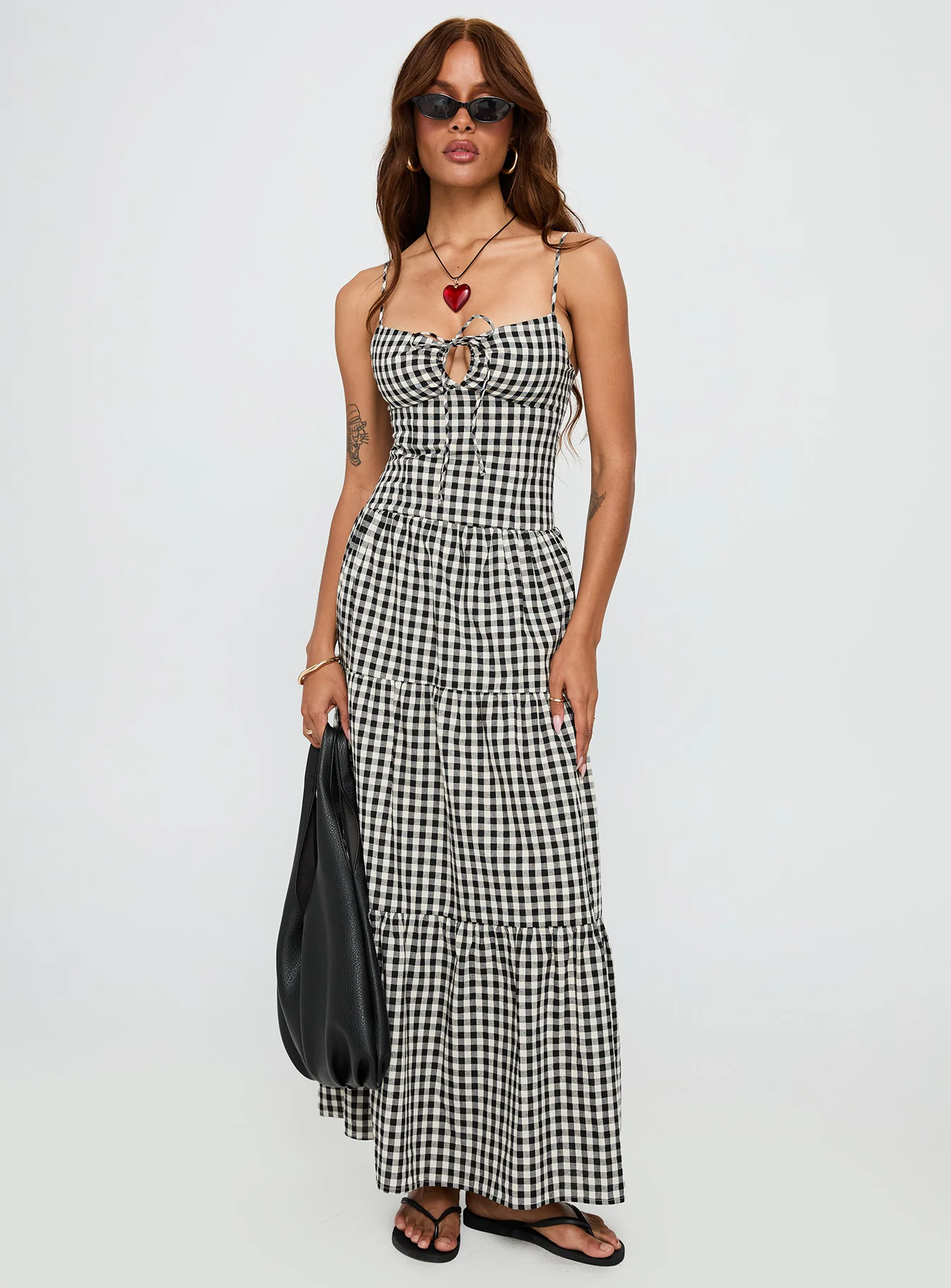 Avaleine Tiered Maxi Dress Black / White Check - GUERYA