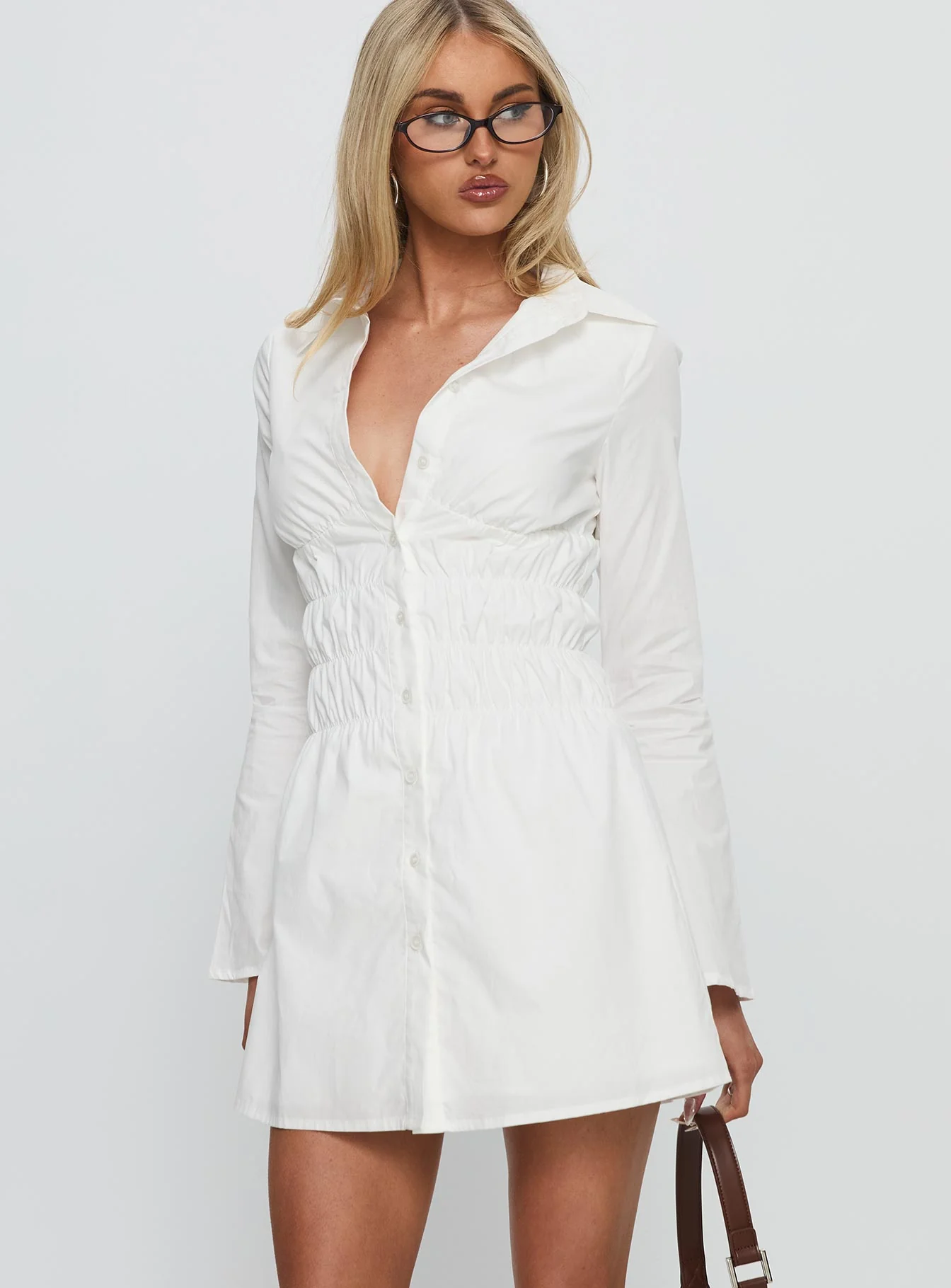 Stellaria Ruched Long Sleeve Mini Dress White - GUERYA