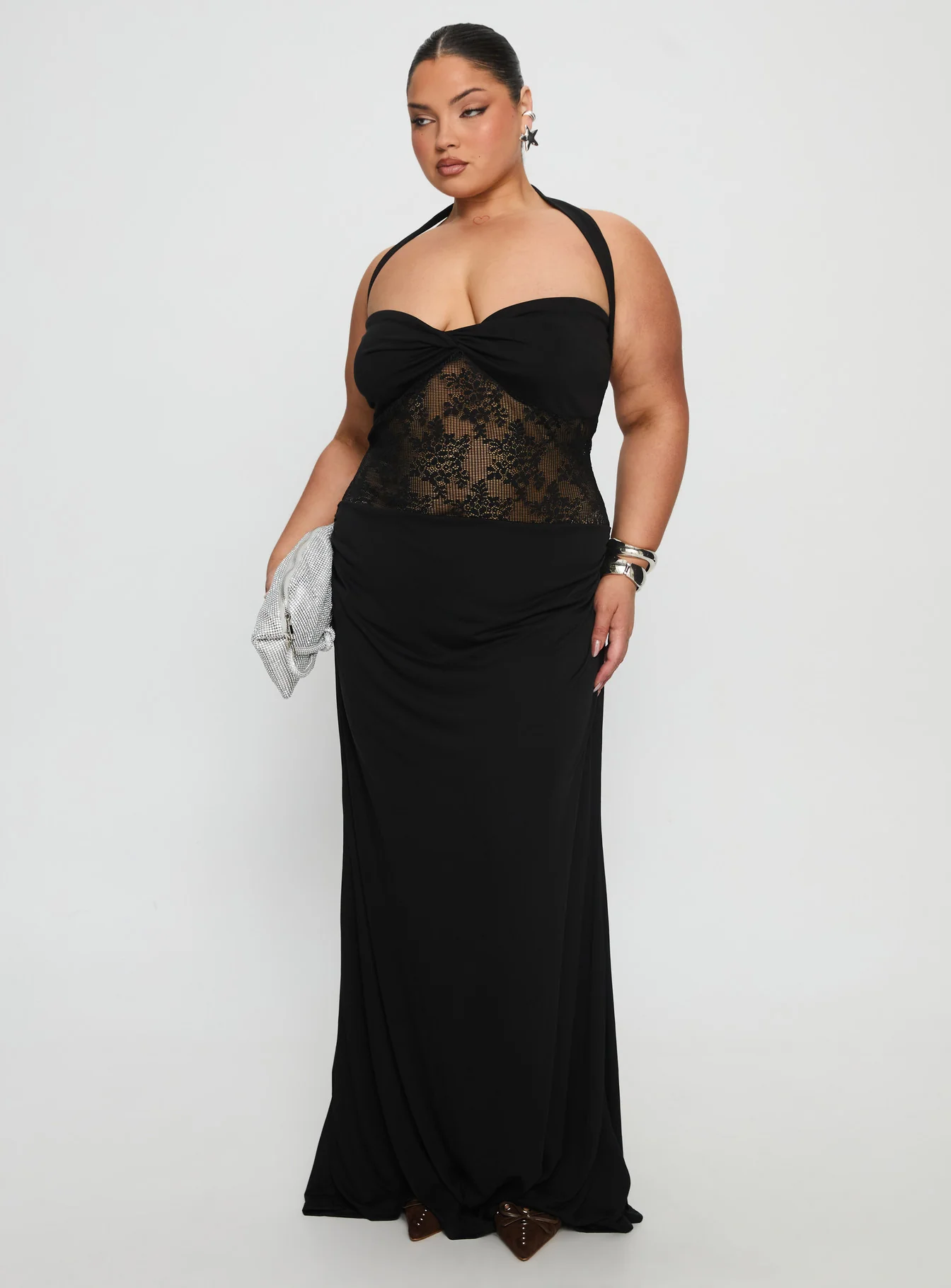 Adalyne Lace Halter Maxi Dress Black Curve - GUERYA