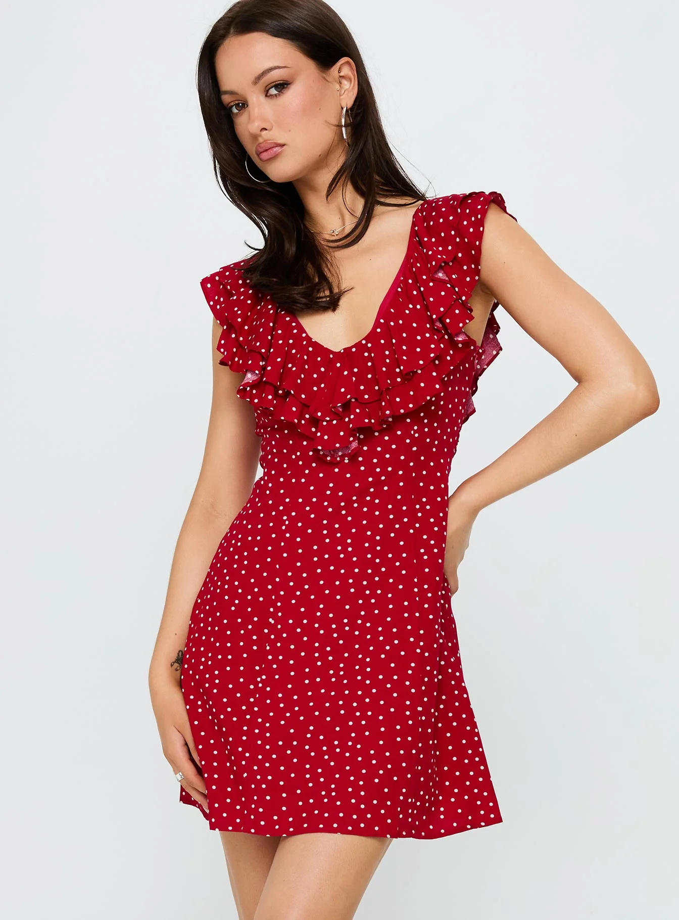 Cherry Schnapps Flutter Mini Dress Red Polka - GUERYA