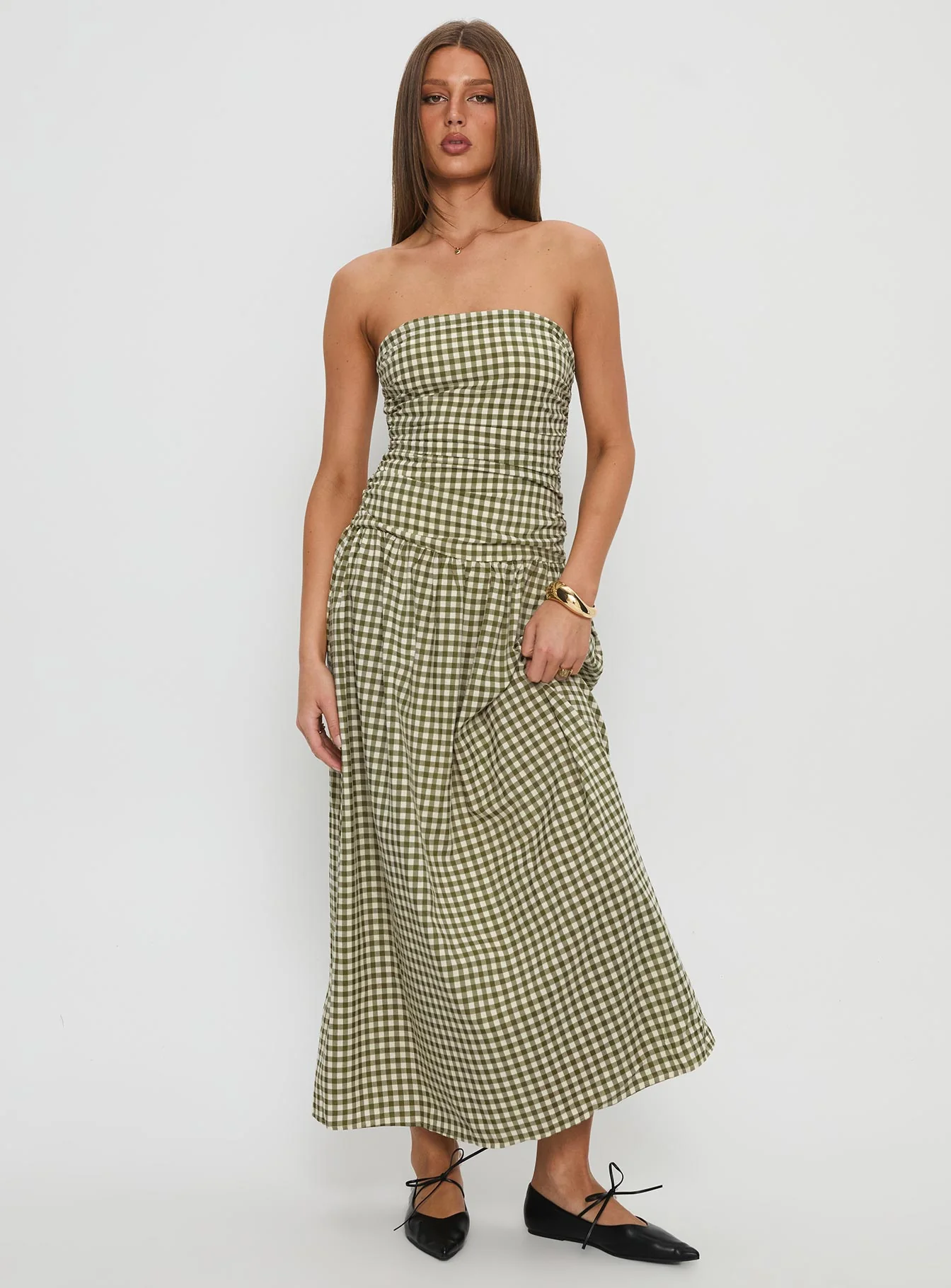 Frankey Strapless Drop Waist Maxi Dress Green Check - GUERYA