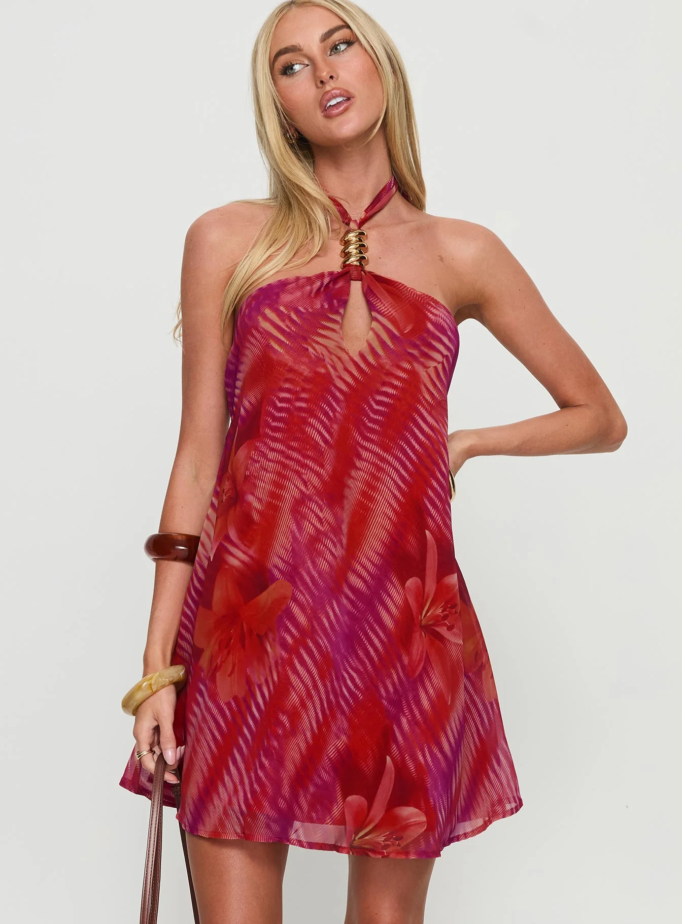 Magica Halter Keyhole Mini Dress Red Floral - GUERYA