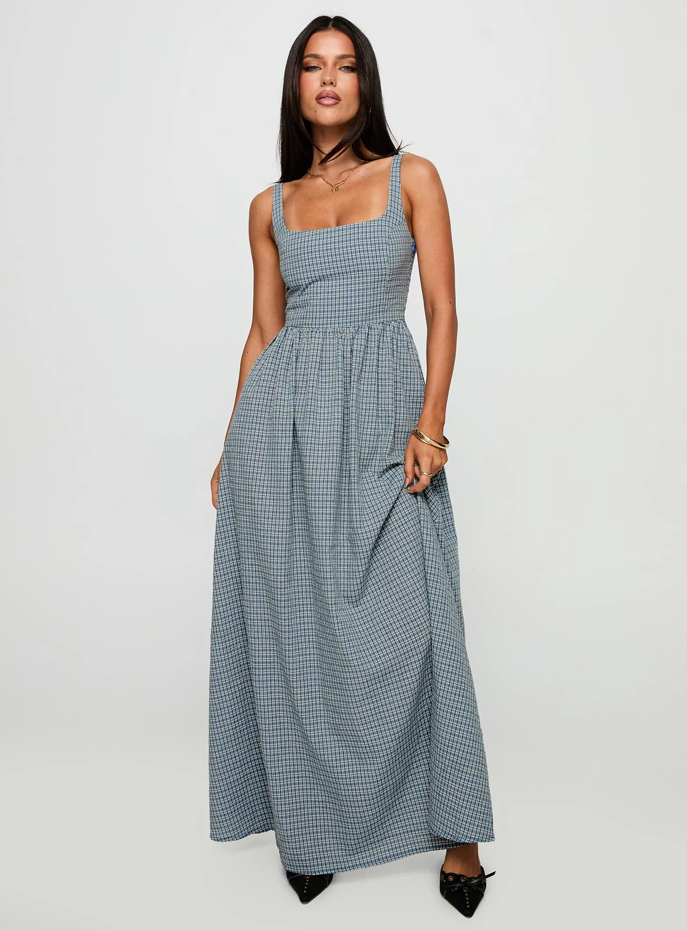 Cartmel Check Maxi Dress Navy - GUERYA