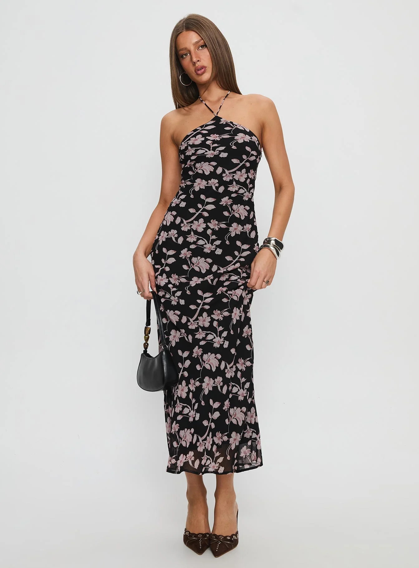 Anisa Halter Maxi Dress Black Floral - GUERYA