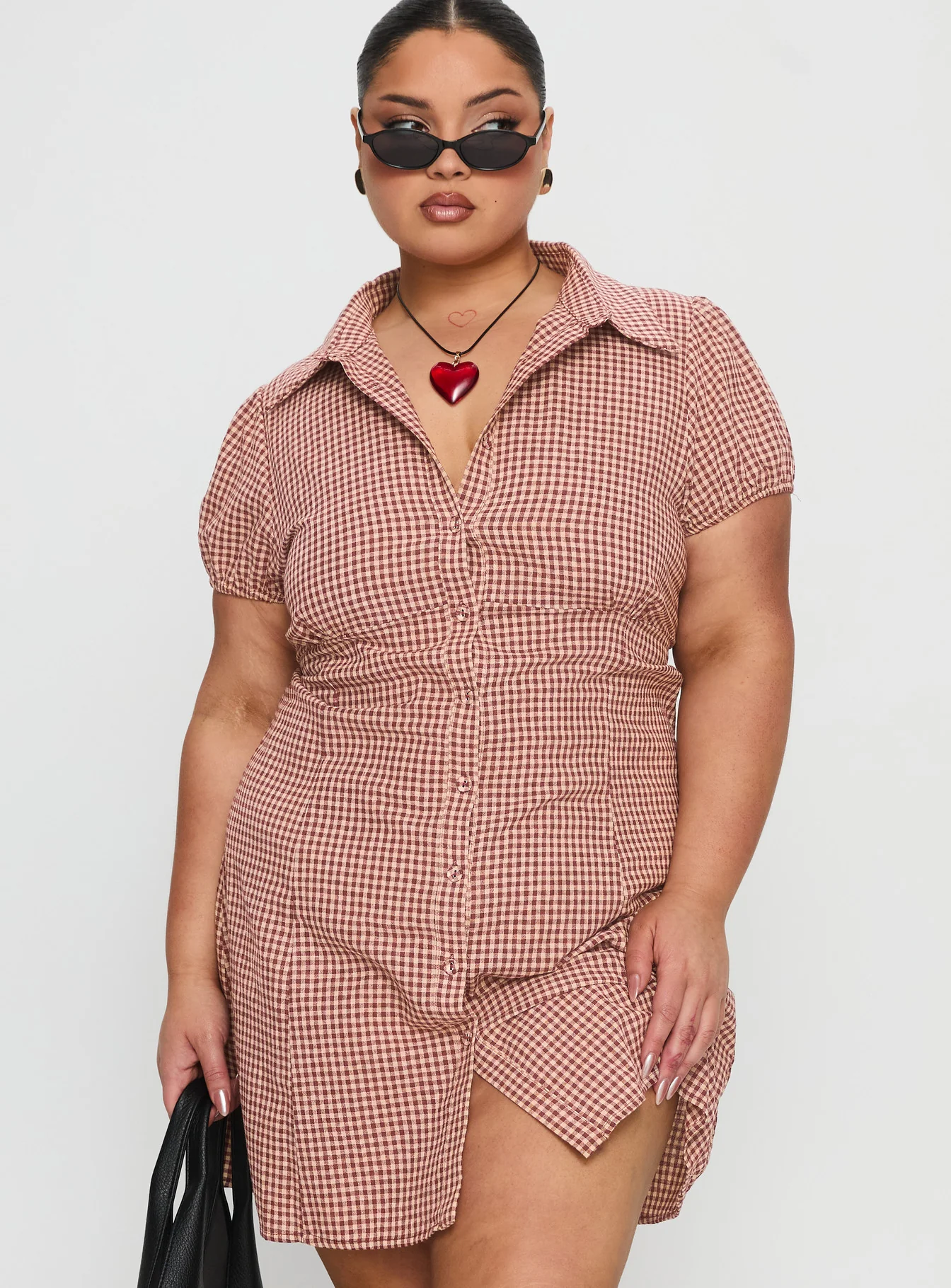 Kavira Tie Bust Shirt Dress Red Gingham Curve - GUERYA