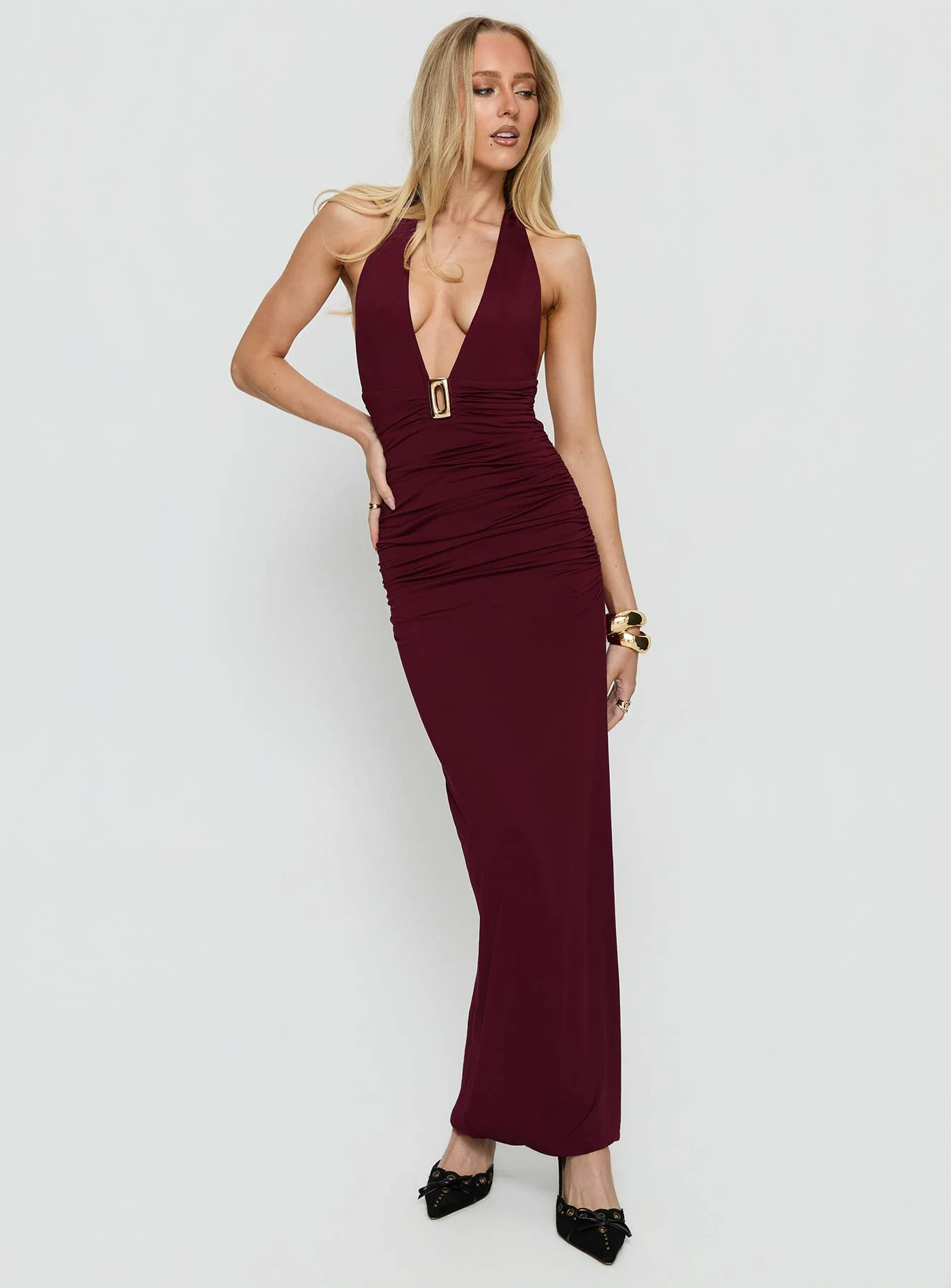 Best In Show Halter Hardware Maxi Dress Burgundy - GUERYA