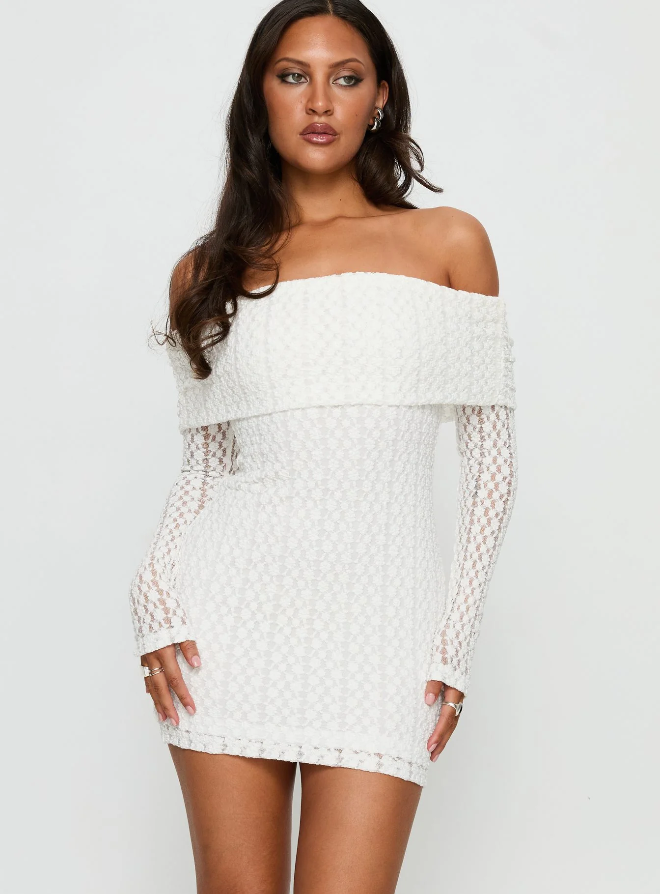 Leora Off Shoulder Long Sleeve Mini Dress White - GUERYA
