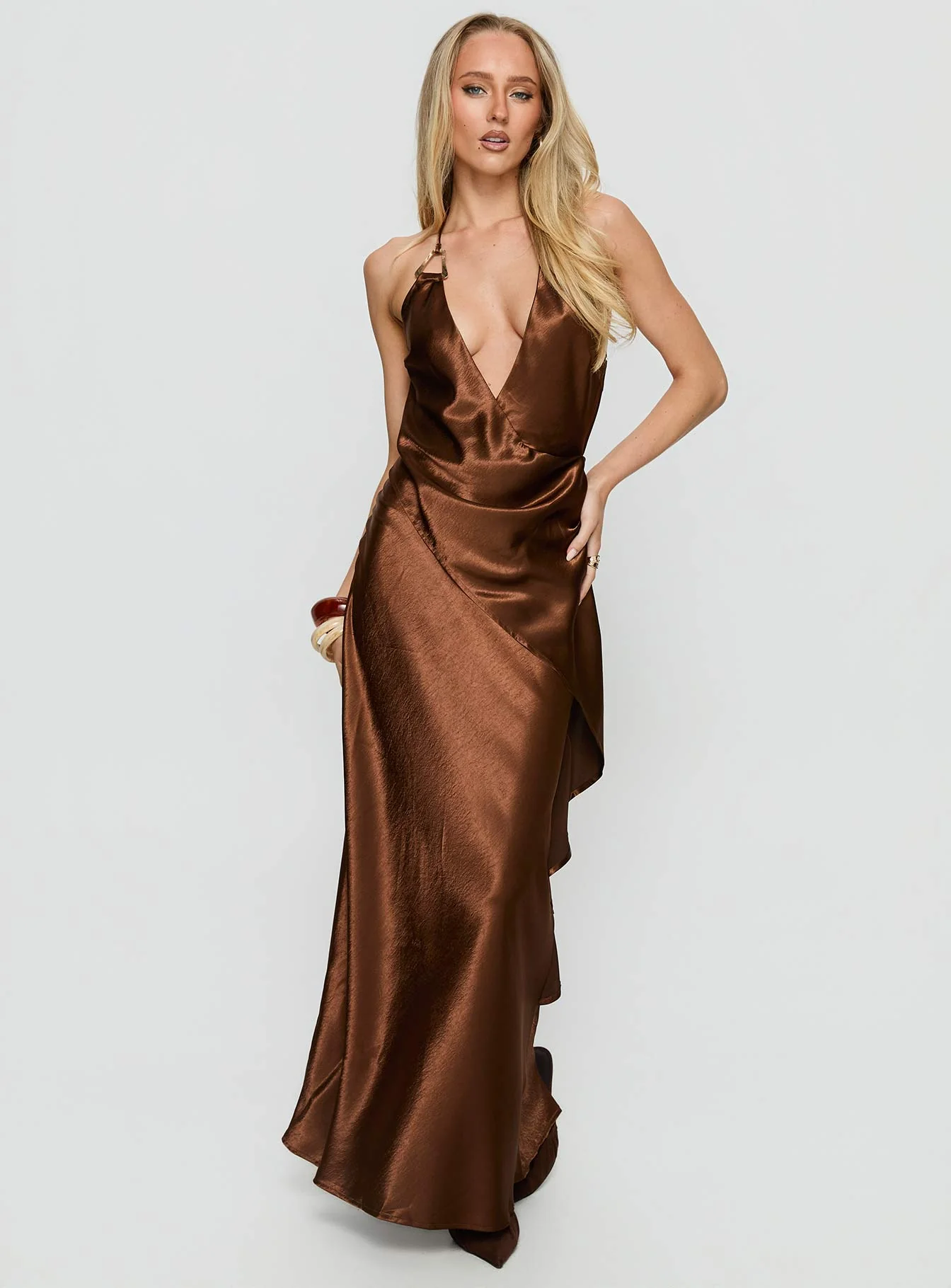 Annissa Plunge Halter Maxi Dress Dark Brown - GUERYA