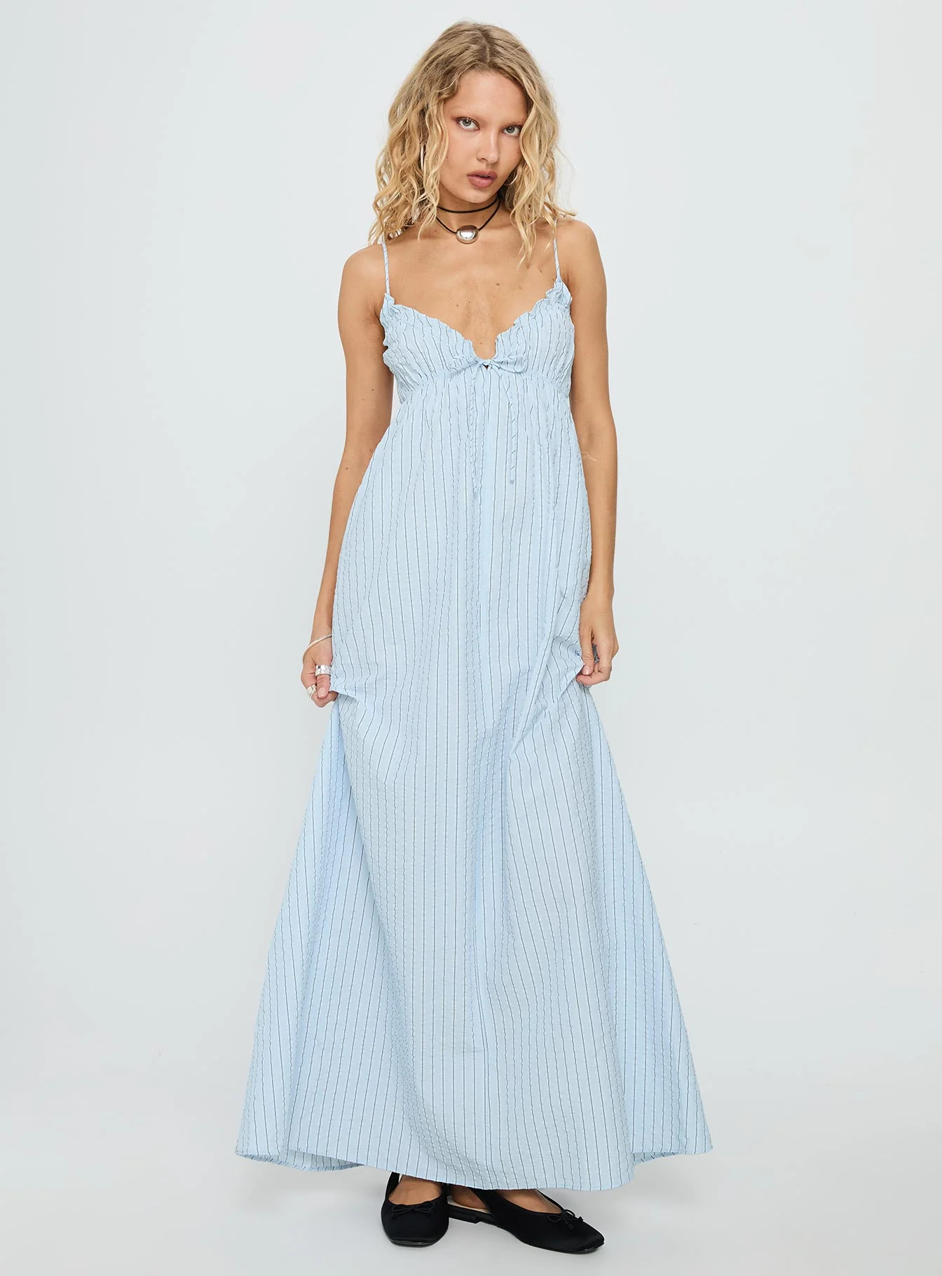 Avelyn Shirred Maxi Dress Blue Stripe - GUERYA