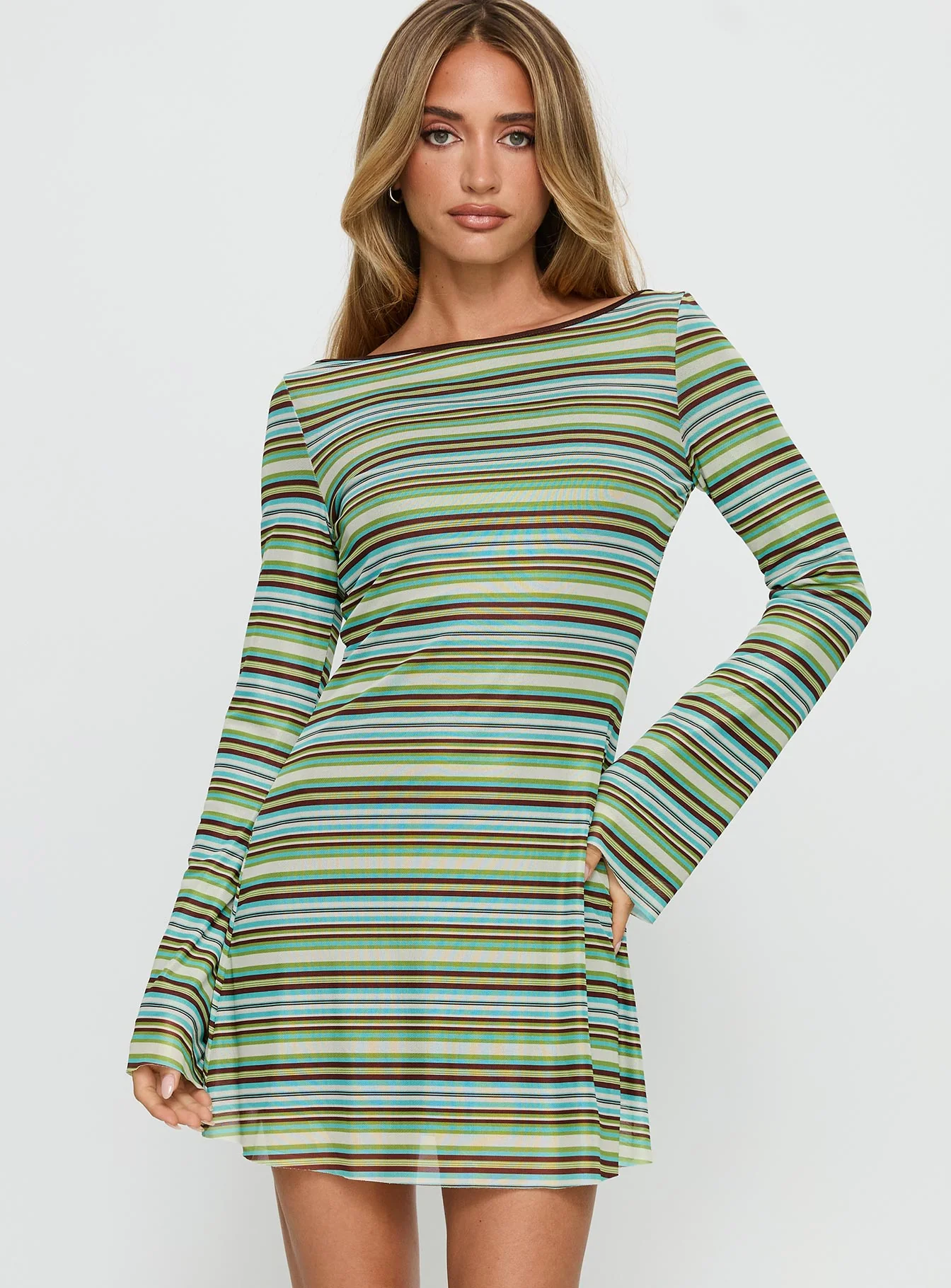 Lukea Long Sleeve Mini Dress Green Stripe - GUERYA