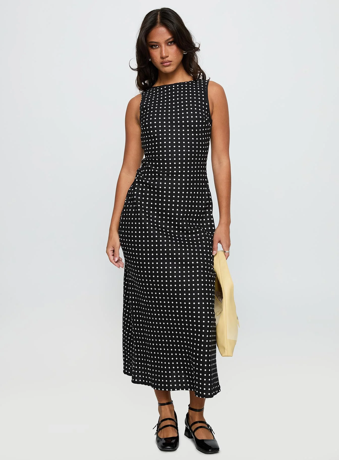 Voyager Linen Blend Midi Dress Black Polka - GUERYA