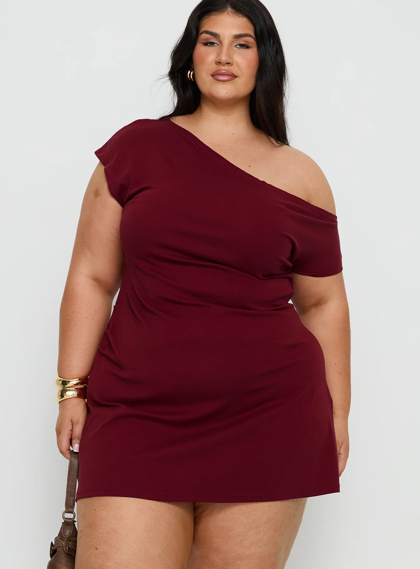 Prestige One Shoulder Mini Dress Burgundy Curve - GUERYA
