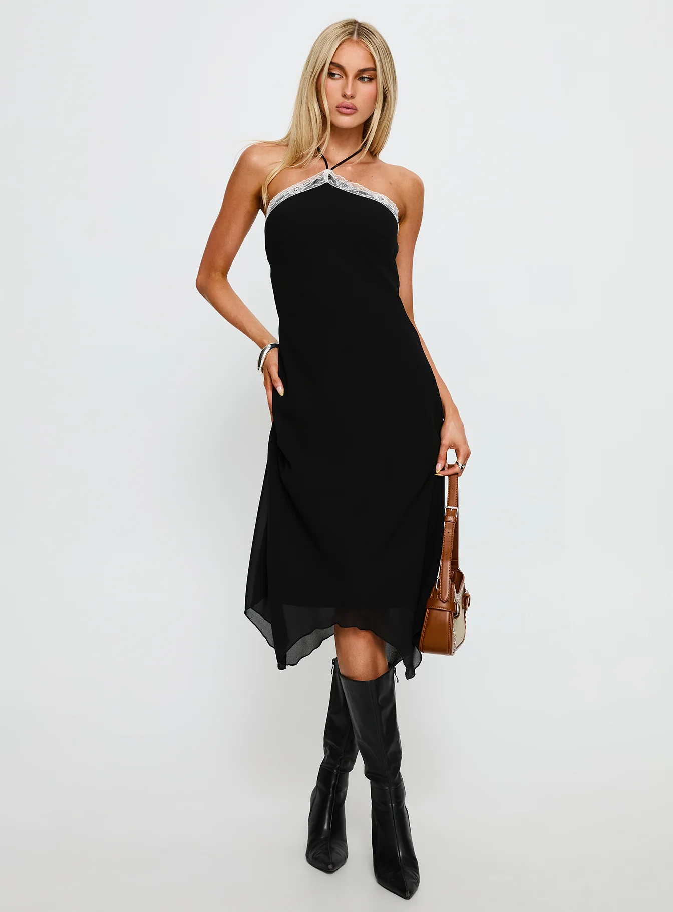 Naila Halter Lace Trim Midi Dress Black - GUERYA