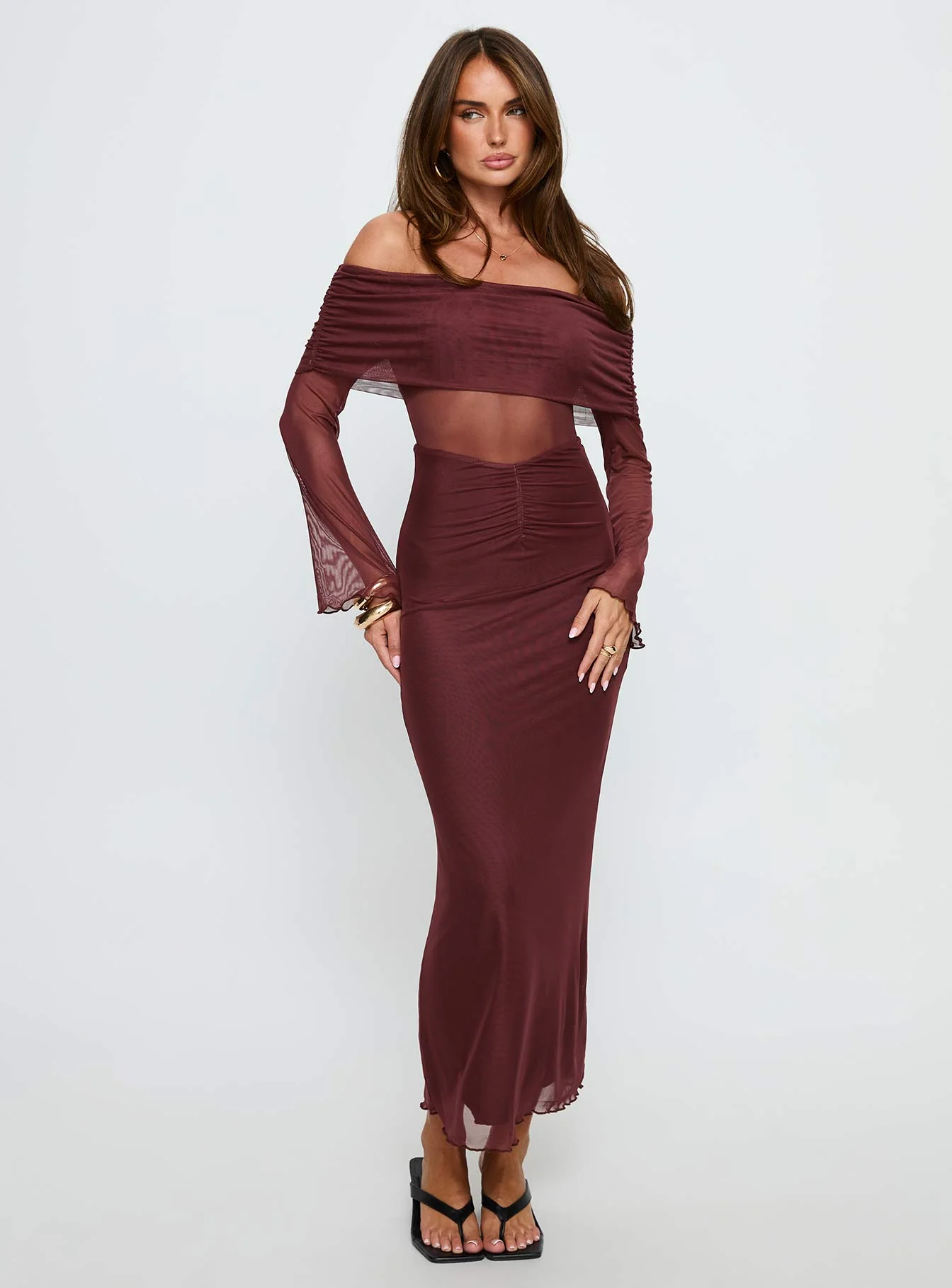 Velouria Off Shoulder Long Sleeve Maxi Dress Brown - GUERYA