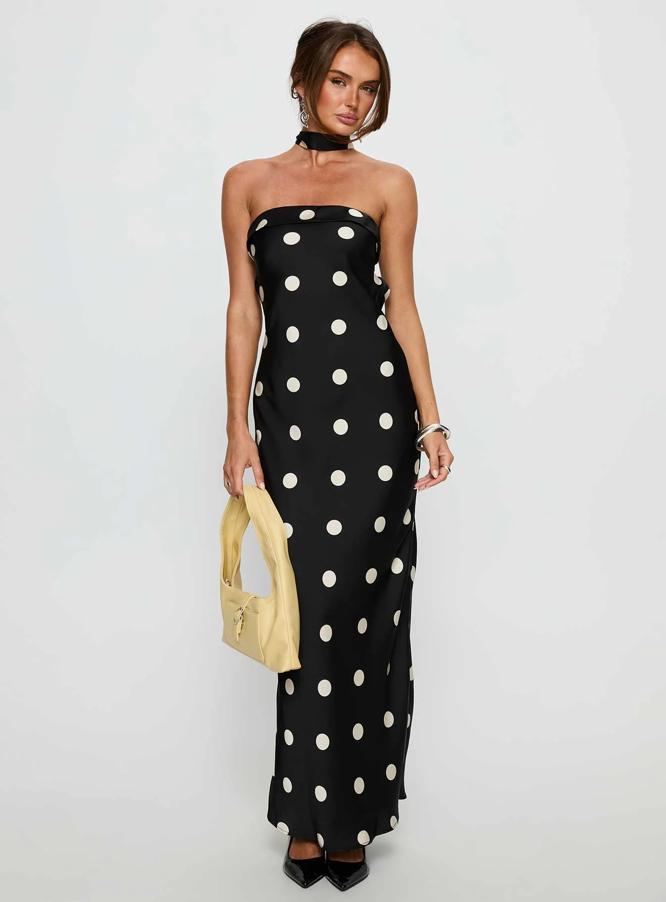 Madilaine Strapless Scarf Maxi Dress Black / Polka Dot - GUERYA