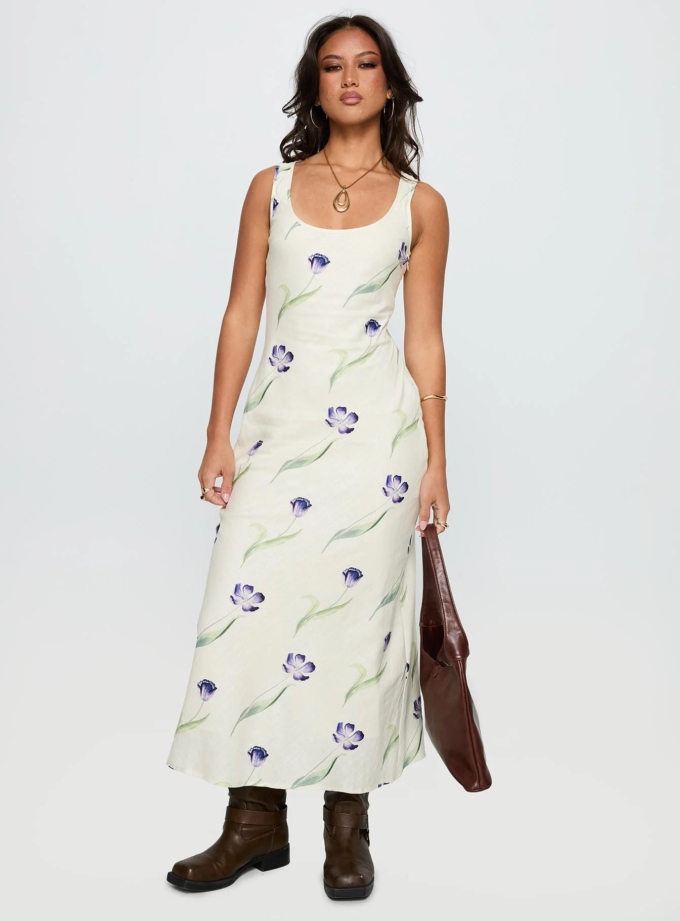 Jessabelle Linen Blend Midi Dress Cream Floral - GUERYA