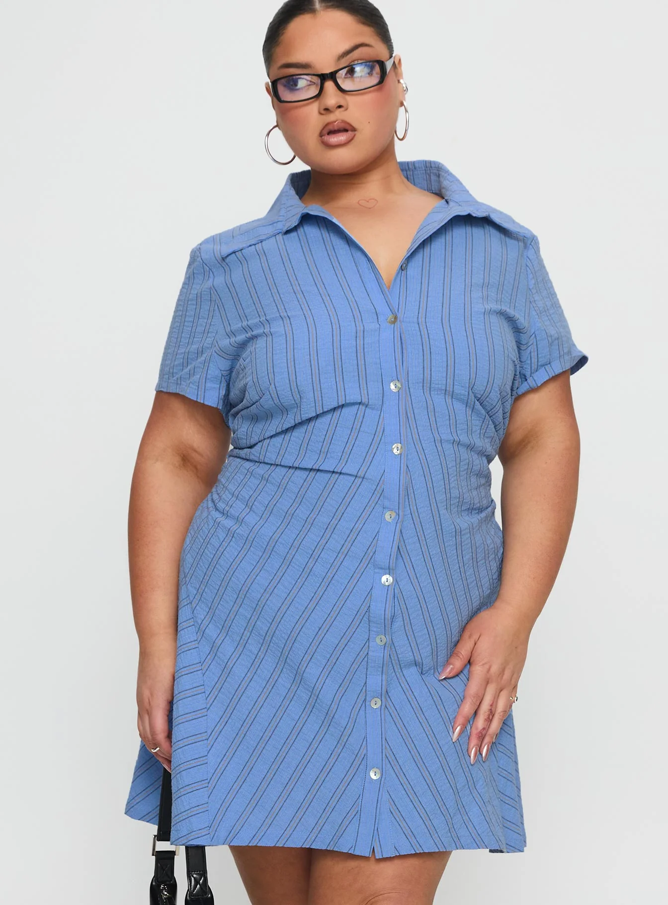 Saydie Button Down Mini Dress Blue Stripe Curve - GUERYA