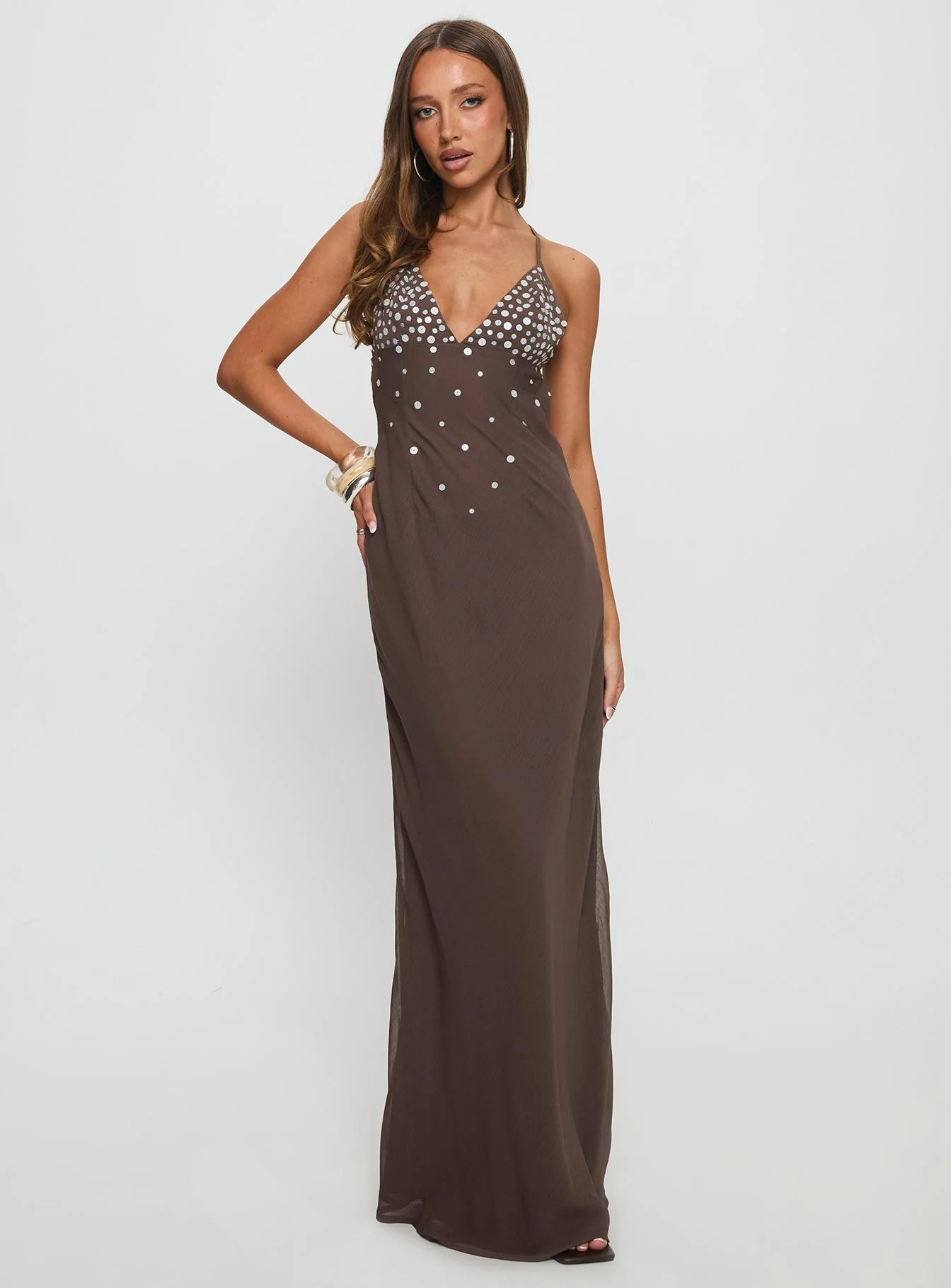 Dannelle Sequin Maxi Dress Brown - GUERYA