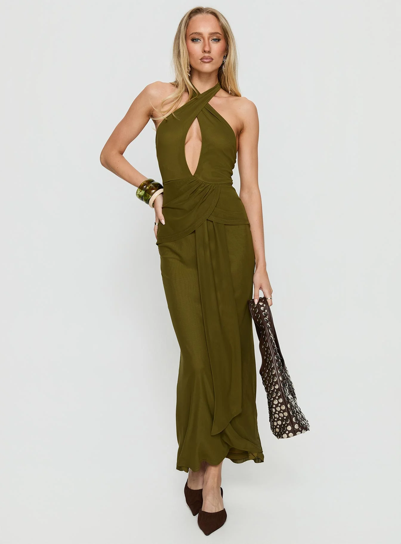 Feliza Keyhole Halter Maxi Dress Olive - GUERYA