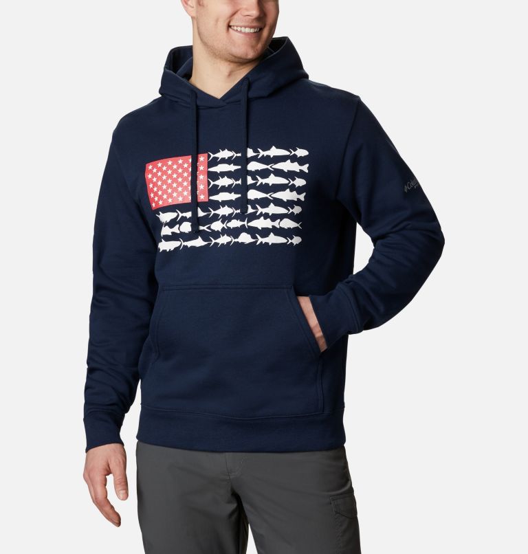 Navy White Men's Columbia PFG Fish Flag Hoodies | YPDWBK-034 - Columbia Outlet Online